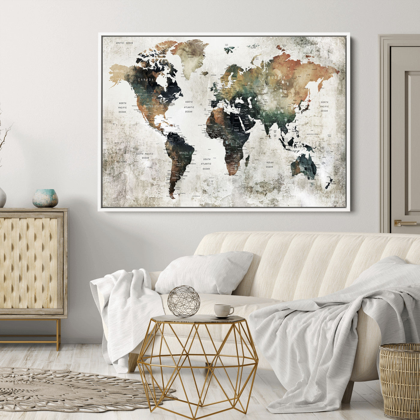 Push Pin World Map Canvas Print – Framed Wall Art for Couples to Track Their Travels – Anniversary Gift or Home Adventure Decor