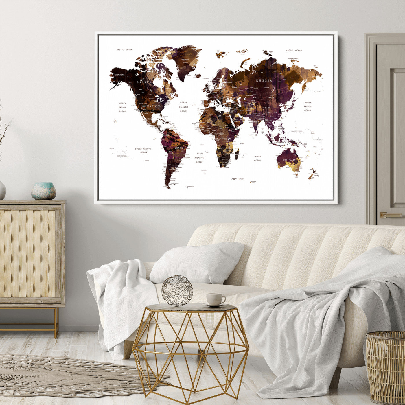 Push Pin World Map Canvas Print – Framed Wall Art for Couples to Track Their Travels – Anniversary Gift or Home Adventure Decor