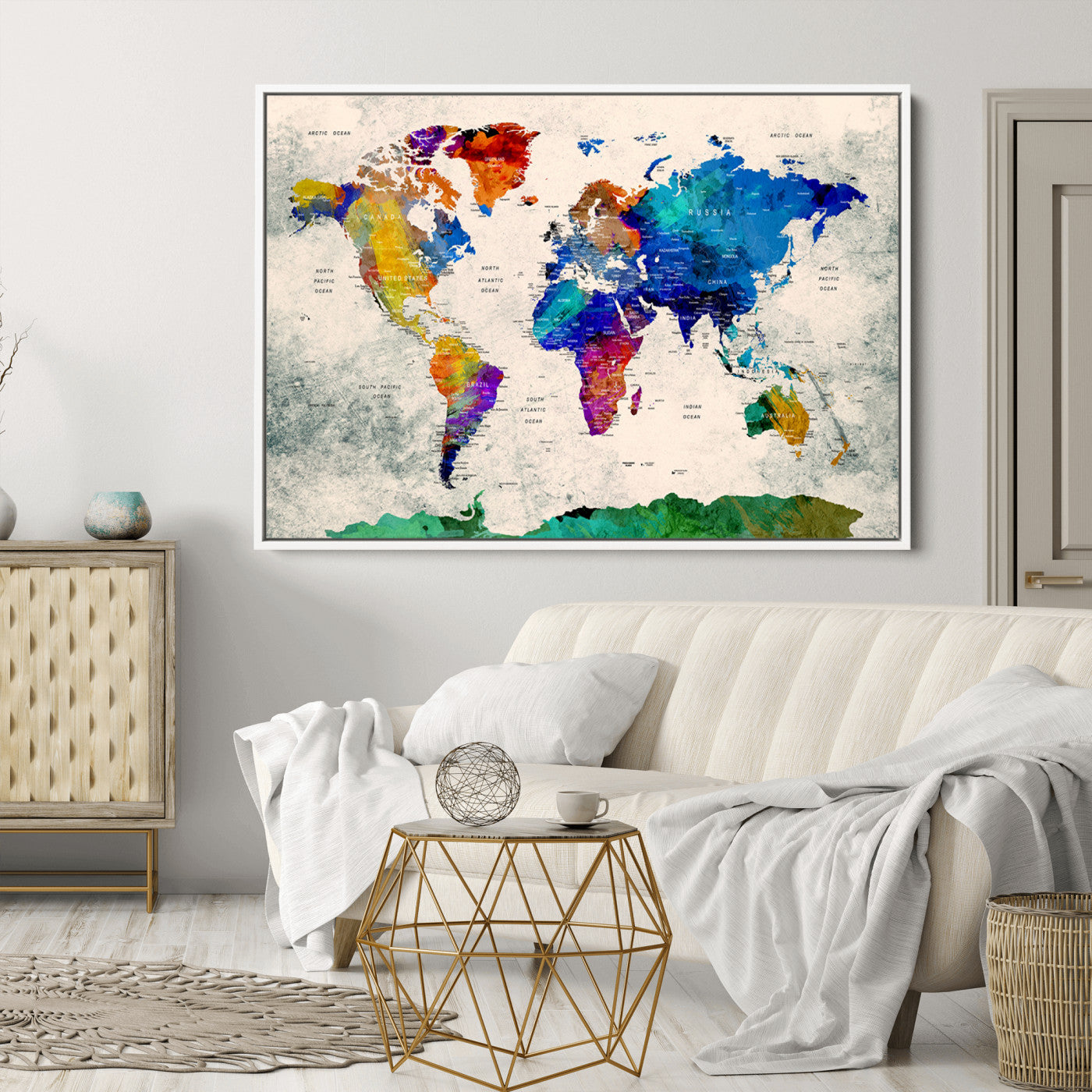 Push Pin World Map Canvas Print – Framed Wall Art for Couples to Track Their Travels – Anniversary Gift or Home Adventure Decor