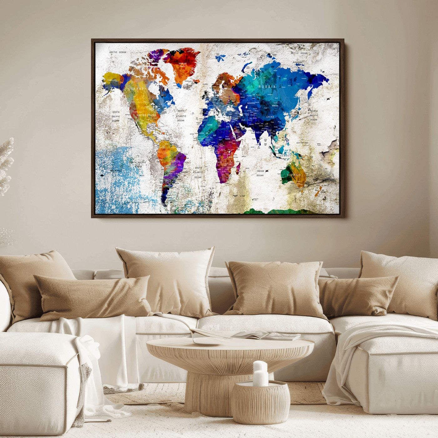 Push Pin World Map Canvas Print – Framed Wall Art for Couples to Track Their Travels – Anniversary Gift or Home Adventure Decor