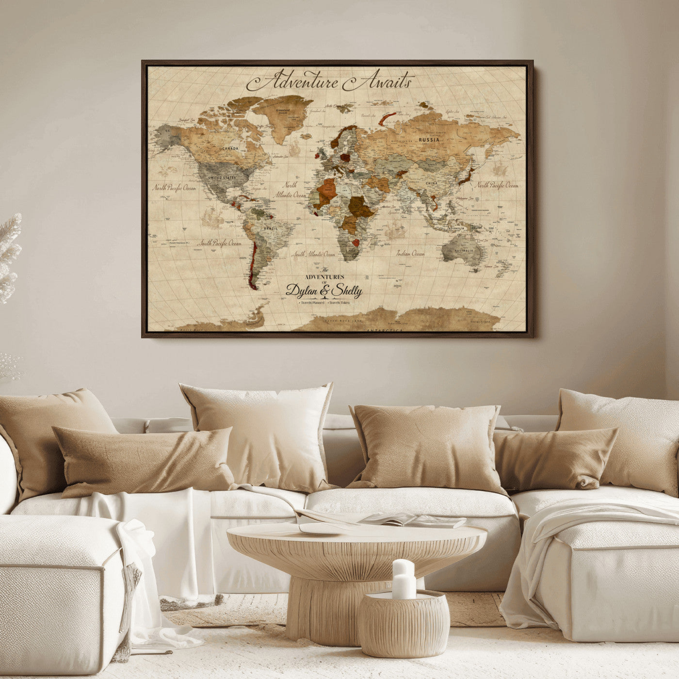 29054239-MGV-CV-36X24-Personalized World Map Print - Customizable Push Pin Framed World Map Print on Canvas - Custom Quote on Map Print