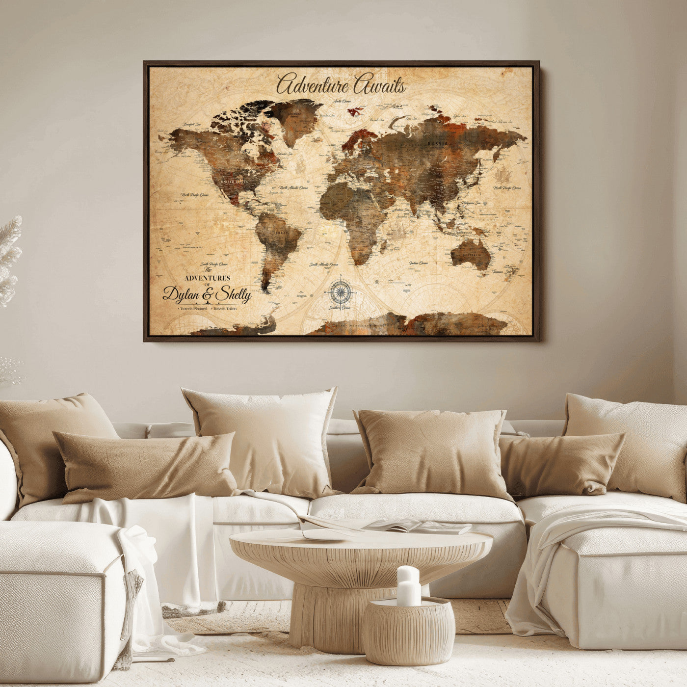 66357947-MGV-CV-36X24-Personalized World Map Print, Customizable Push Pin Framed World Map Print on Canvas - Custom Quote on Map Print