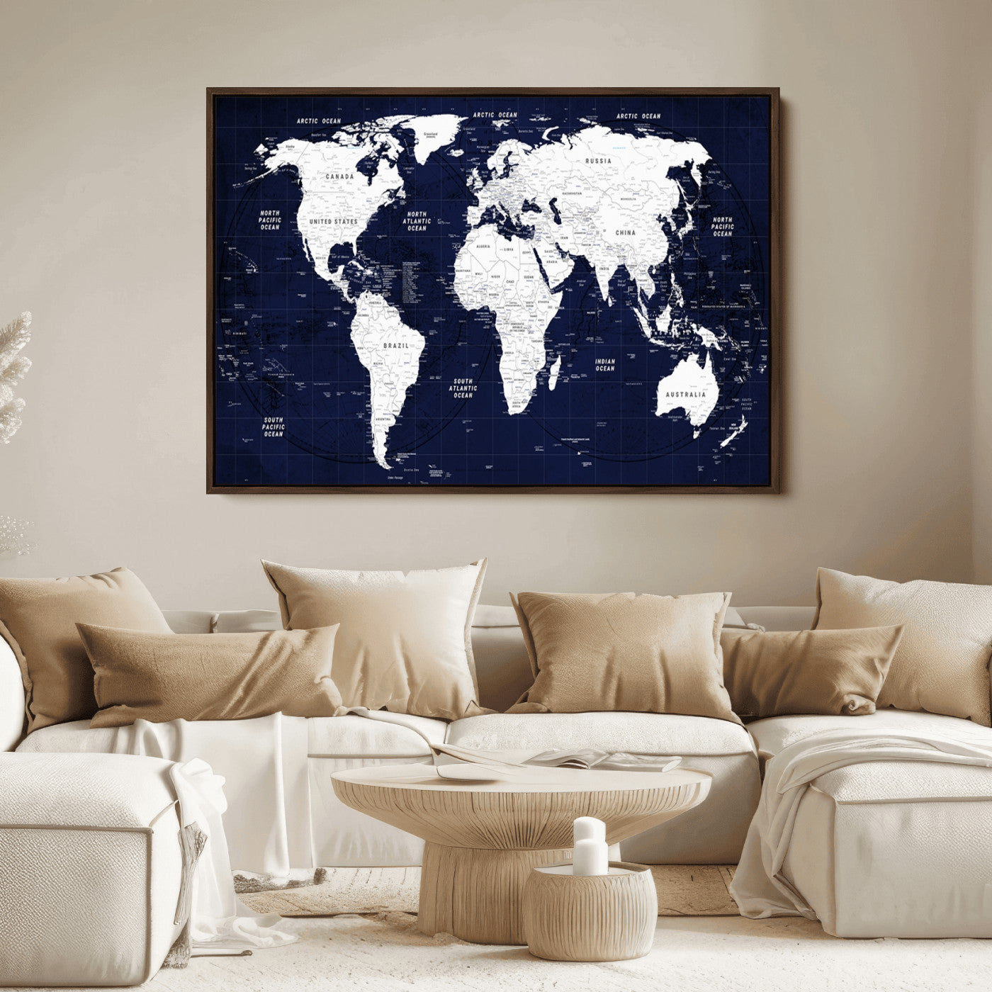 Push Pin World Map Canvas Print – Framed Wall Art for Couples to Track Their Travels – Anniversary Gift or Home Adventure Decor