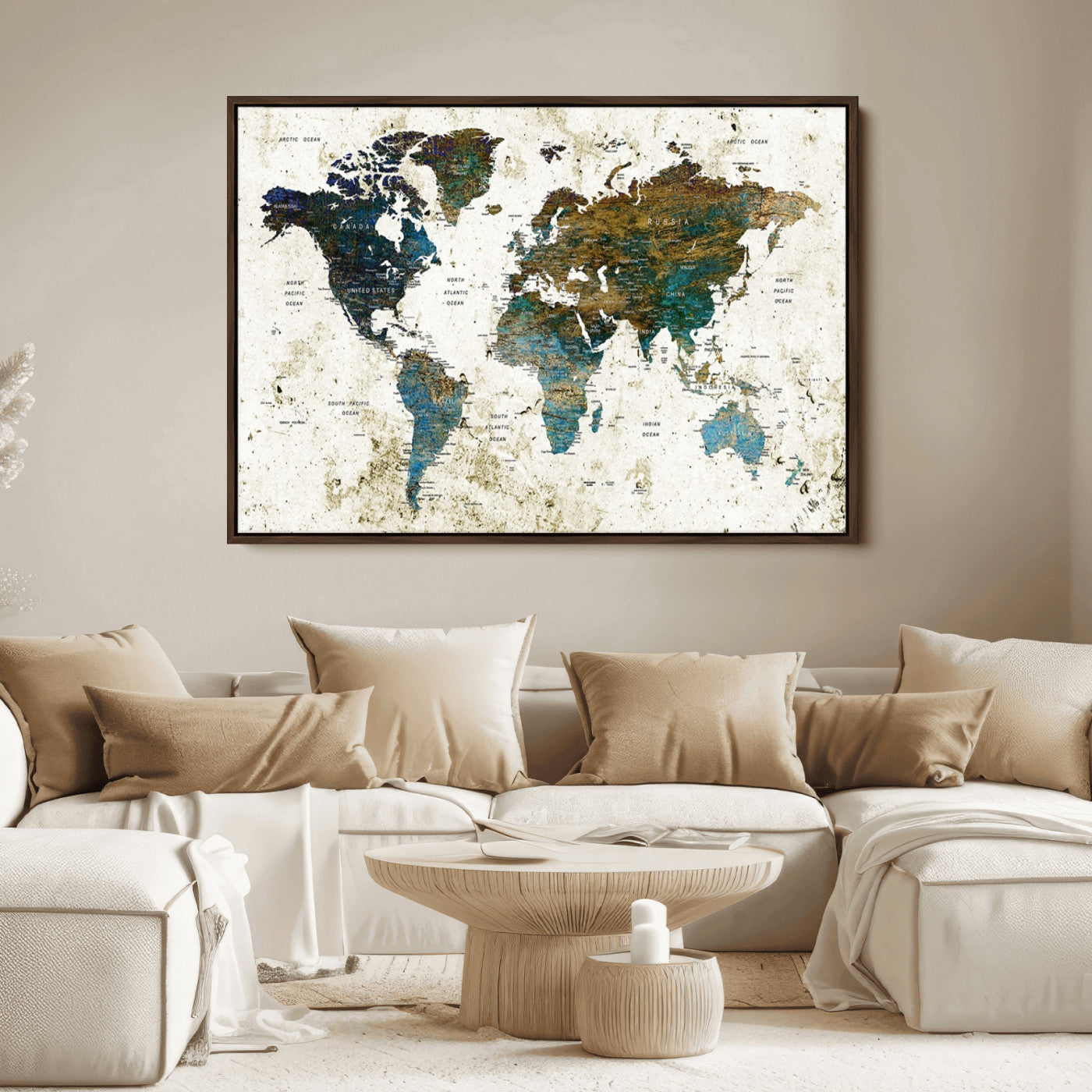 Vintage World Map Wall Art Canvas Print, Framed Rustic Earth Map Art Picture Print, Antique Map Perfect Rustic Vintage Decor Artwork