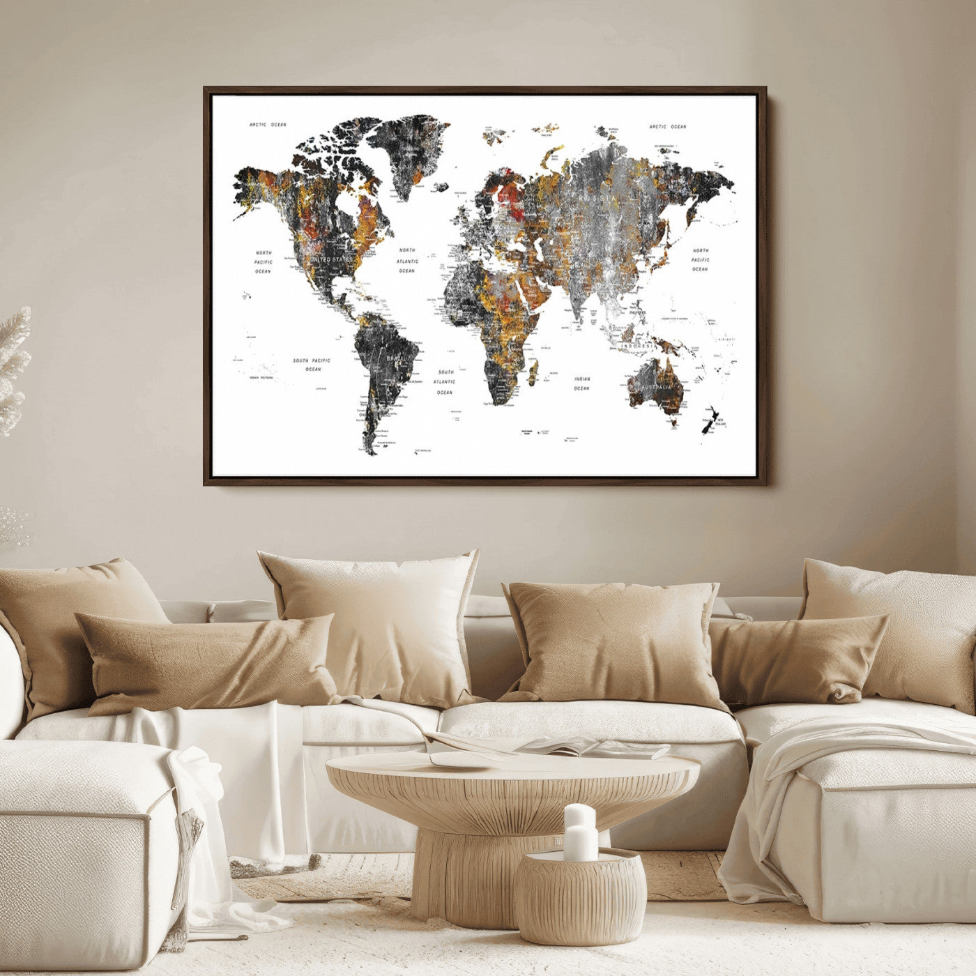 Push Pin World Map Canvas Print – Framed Wall Art for Couples to Track Their Travels – Anniversary Gift or Home Adventure Decor