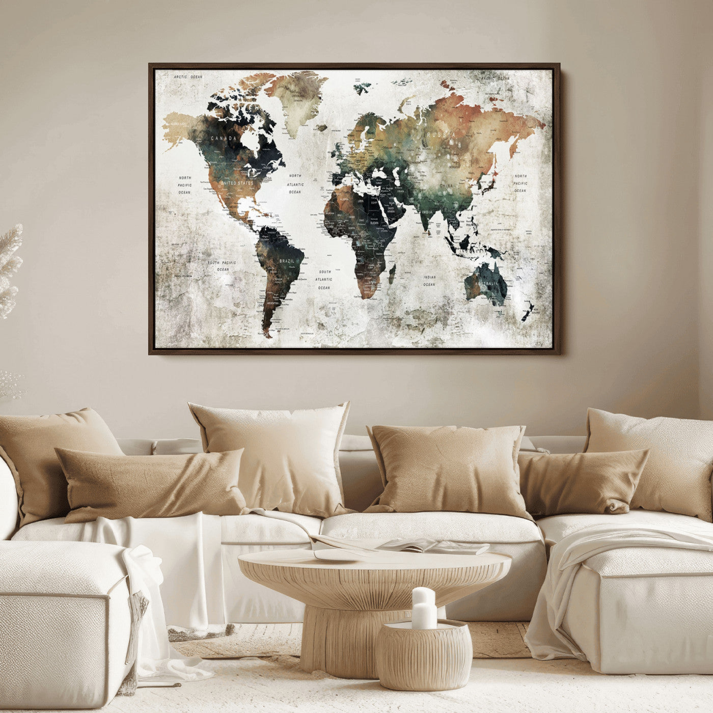 Push Pin World Map Canvas Print – Framed Wall Art for Couples to Track Their Travels – Anniversary Gift or Home Adventure Decor