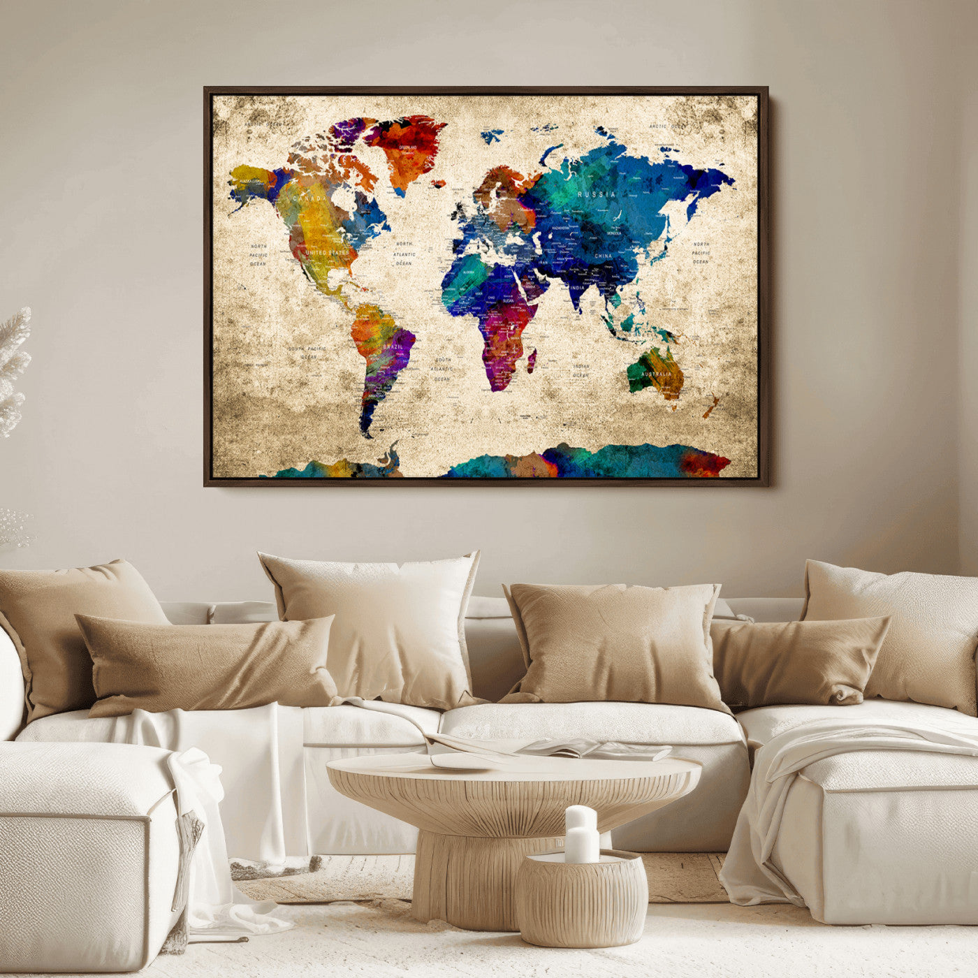 Push Pin World Map Canvas Print – Framed Wall Art for Couples to Track Their Travels – Anniversary Gift or Home Adventure Decor