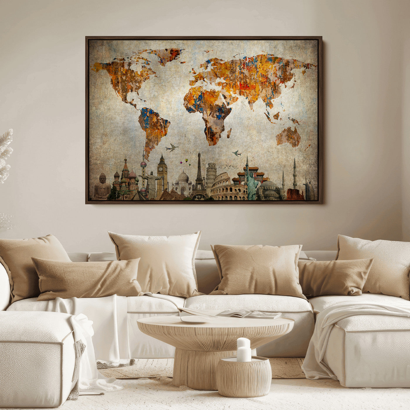 Push Pin World Map Canvas Print – Framed Wall Art for Couples to Track Their Travels – Anniversary Gift or Home Adventure Decor