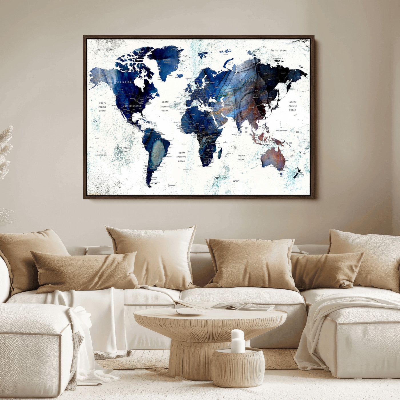 Push Pin World Map Canvas Print – Framed Wall Art for Couples to Track Their Travels – Anniversary Gift or Home Adventure Decor