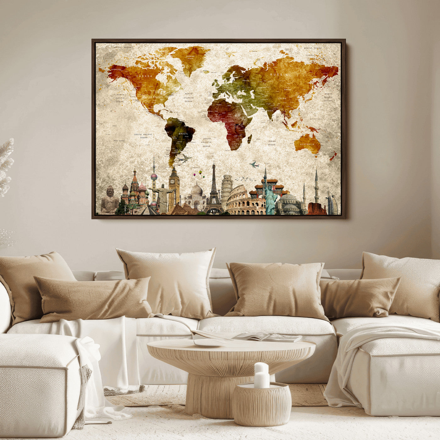 Push Pin World Map Canvas Print – Framed Wall Art for Couples to Track Their Travels – Anniversary Gift or Home Adventure Decor