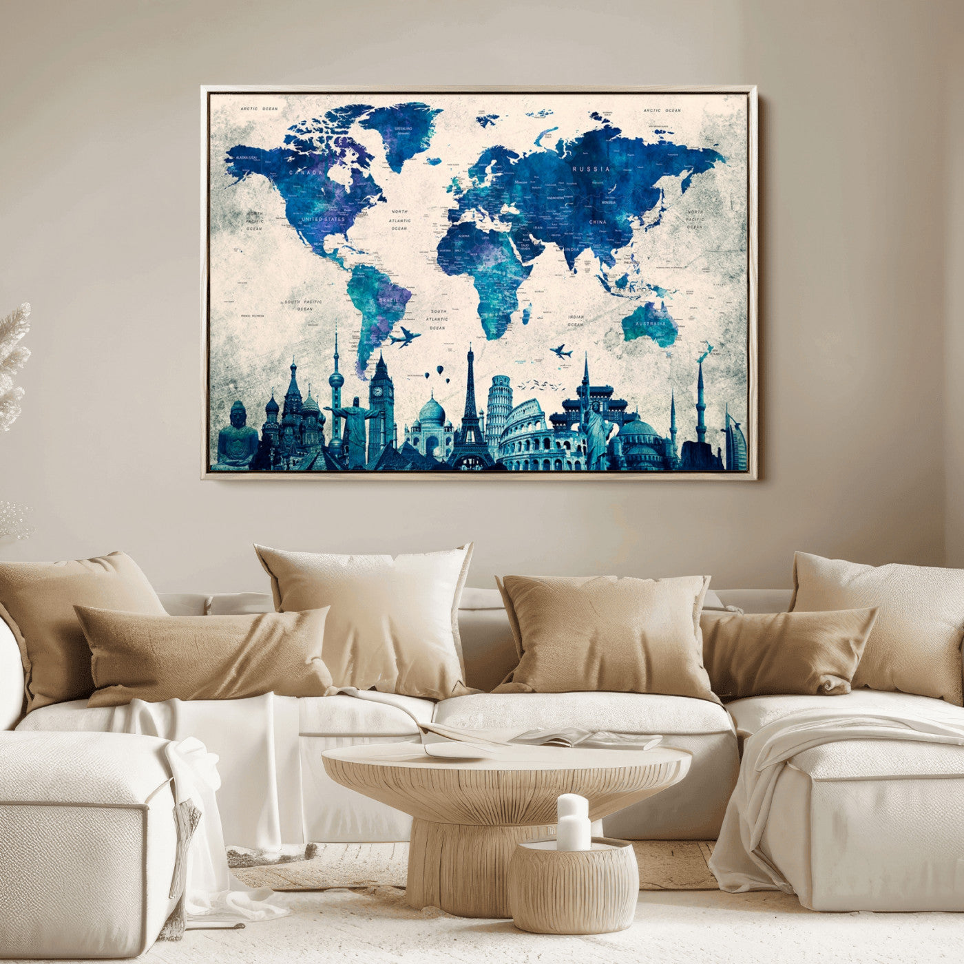 Navy Blue World Map Canvas Print, Wonder of World Map Push Pin Canvas Print