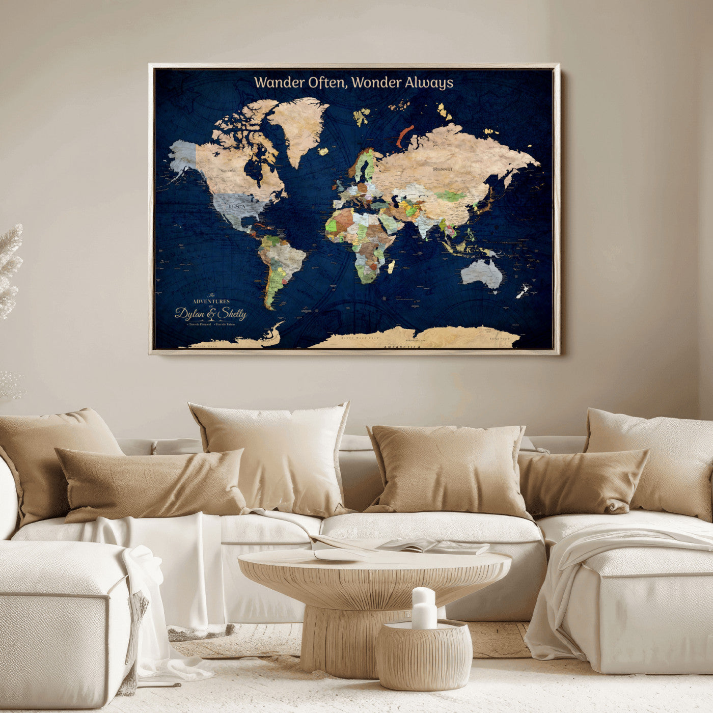 12399561-MGV-CV-30X20-Personalized World Map Print, Customizable Push Pin Framed World Map Print on Canvas - Custom Quote on Map Print