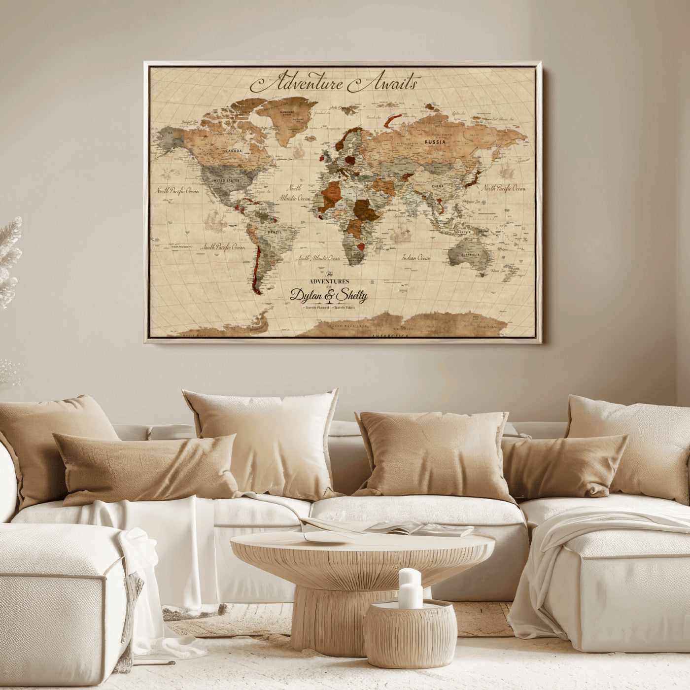 29054239-MGV-CV-36X24-Personalized World Map Print - Customizable Push Pin Framed World Map Print on Canvas - Custom Quote on Map Print