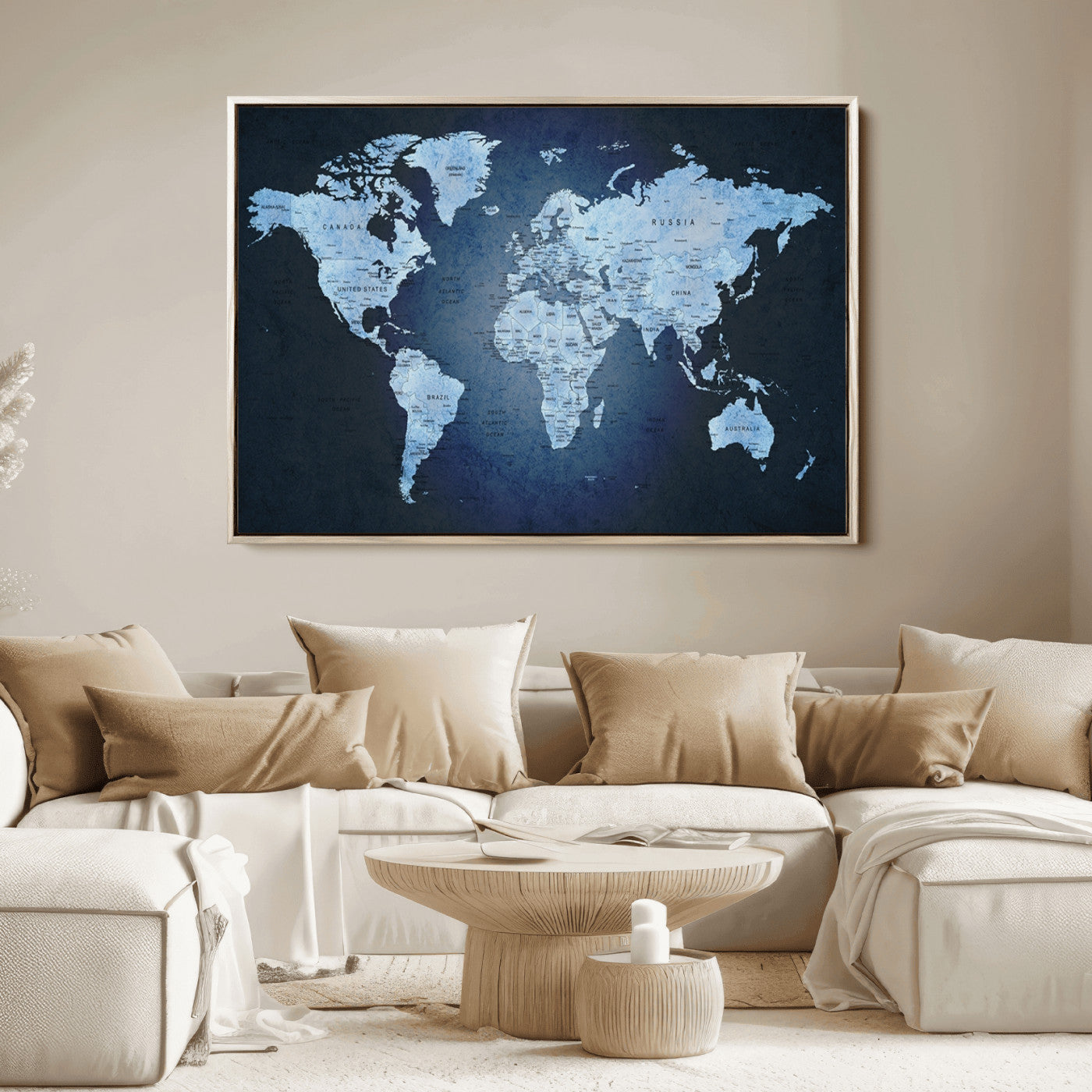 Push Pin World Map Canvas Print – Framed Wall Art for Couples to Track Their Travels – Anniversary Gift or Home Adventure Decor