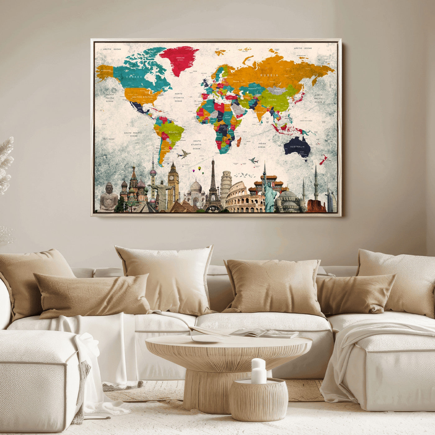 Push Pin World Map Canvas Print – Framed Wall Art for Couples to Track Their Travels – Anniversary Gift or Home Adventure Decor