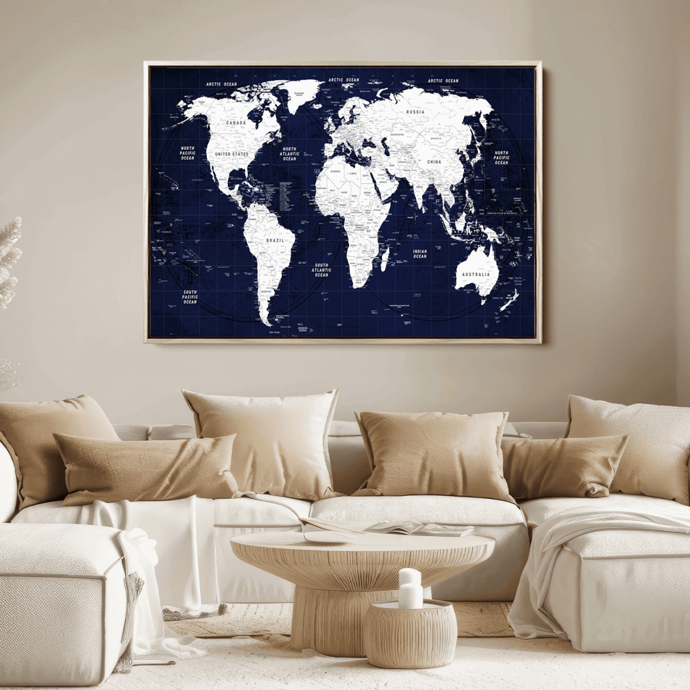 Push Pin World Map Canvas Print – Framed Wall Art for Couples to Track Their Travels – Anniversary Gift or Home Adventure Decor
