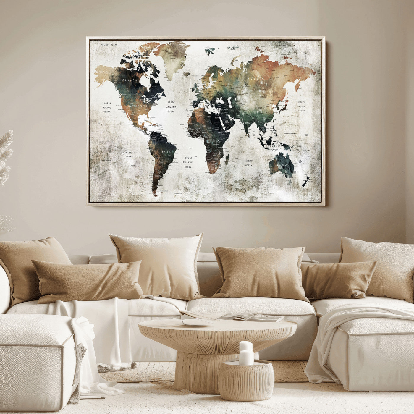 Push Pin World Map Canvas Print – Framed Wall Art for Couples to Track Their Travels – Anniversary Gift or Home Adventure Decor