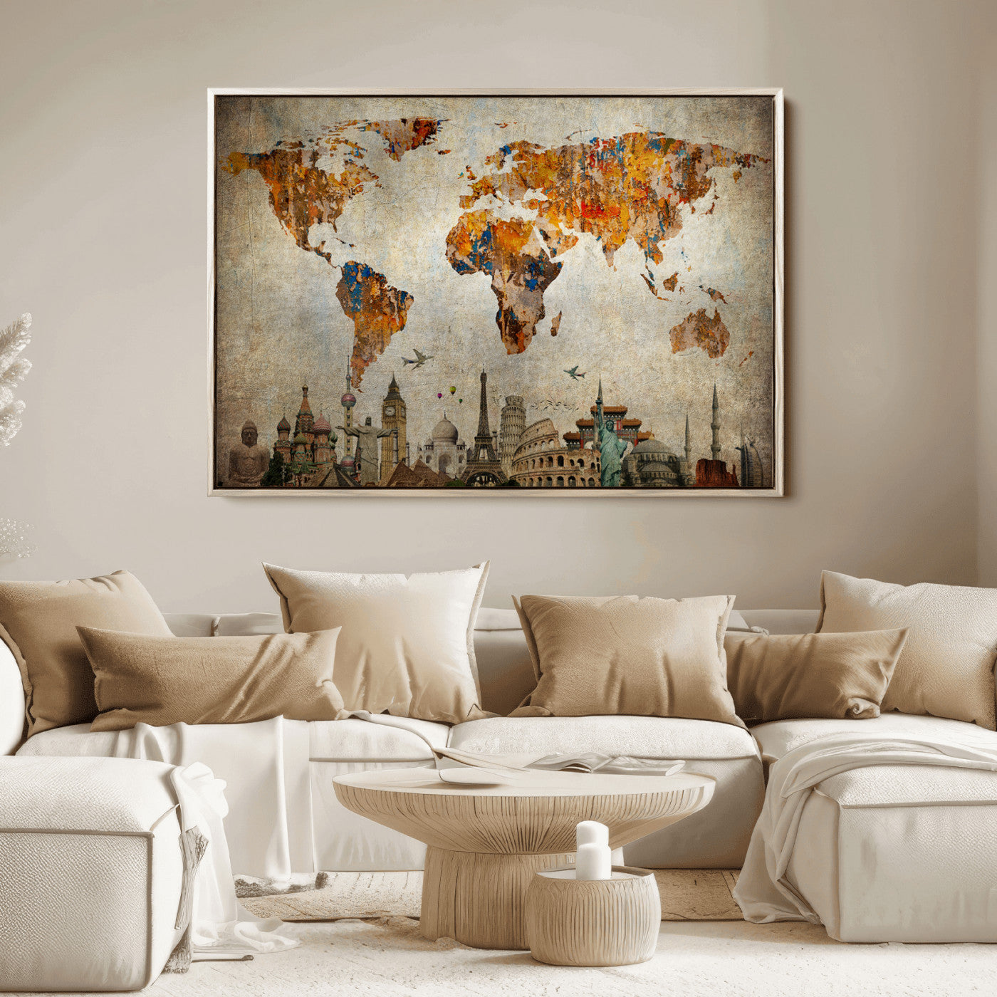 Push Pin World Map Canvas Print – Framed Wall Art for Couples to Track Their Travels – Anniversary Gift or Home Adventure Decor