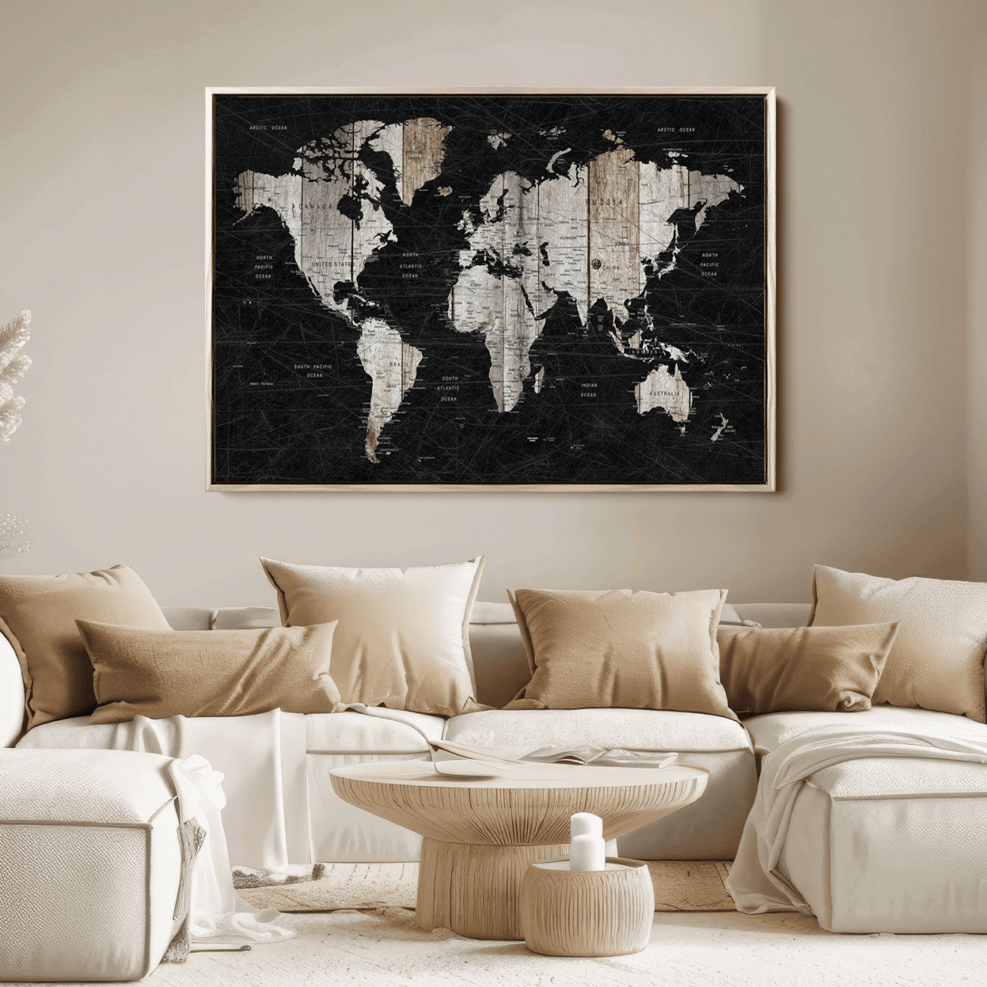 Push Pin World Map Canvas Print – Framed Wall Art for Couples to Track Their Travels – Anniversary Gift or Home Adventure Decor