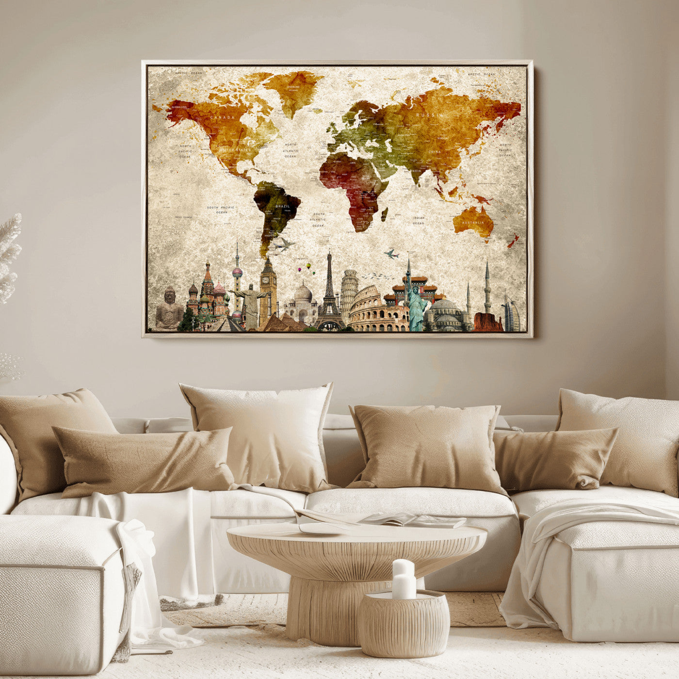 Push Pin World Map Canvas Print – Framed Wall Art for Couples to Track Their Travels – Anniversary Gift or Home Adventure Decor