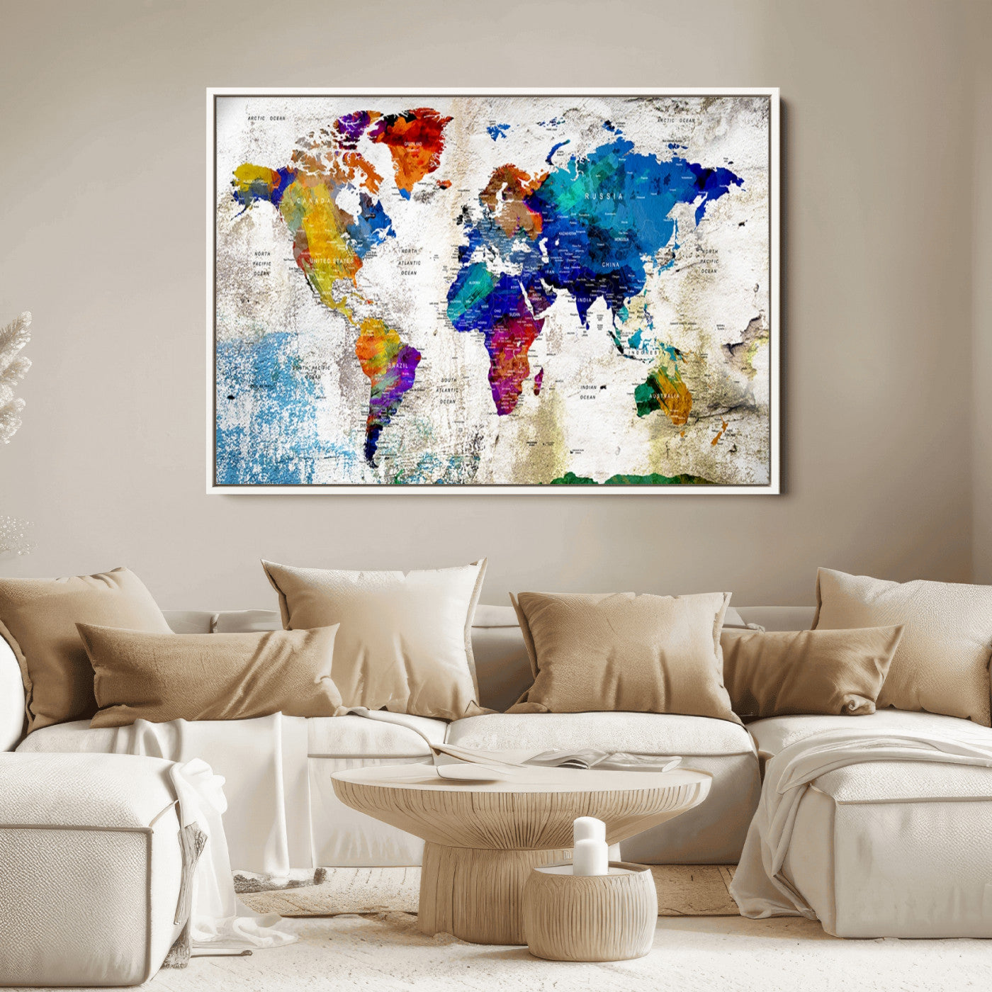 Push Pin World Map Canvas Print – Framed Wall Art for Couples to Track Their Travels – Anniversary Gift or Home Adventure Decor