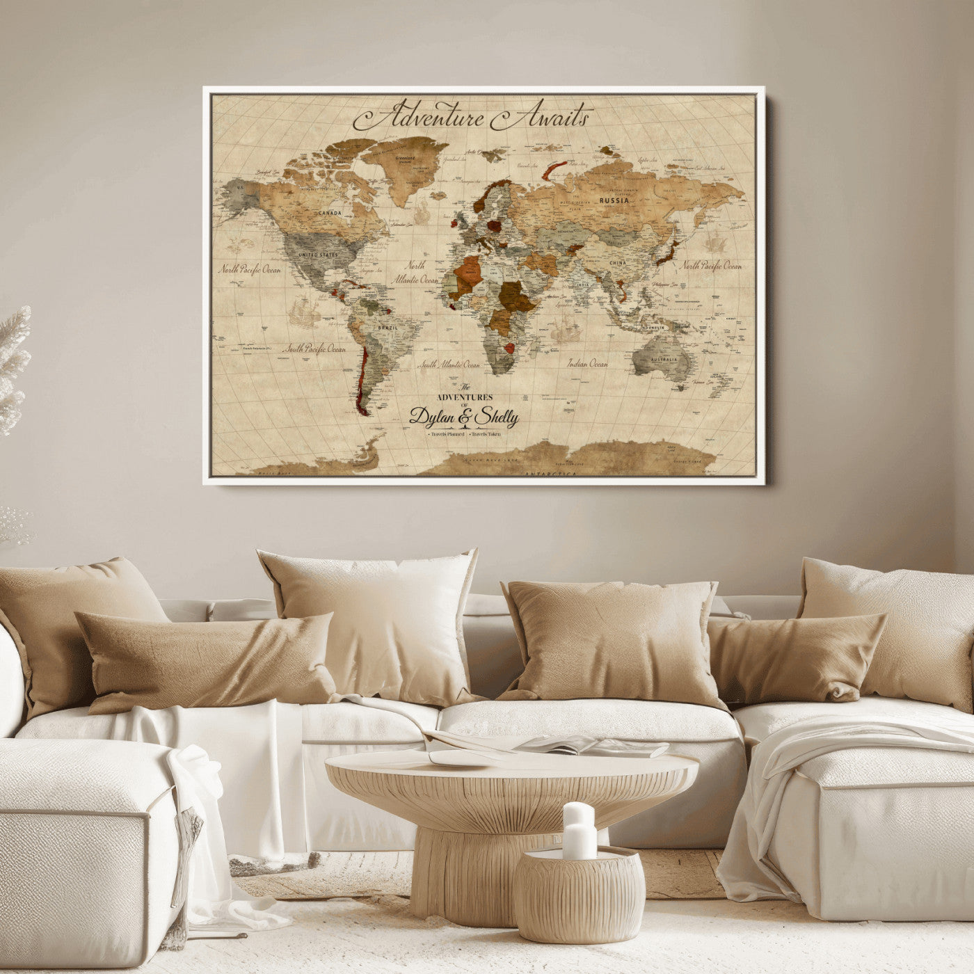 29054239-MGV-CV-36X24-Personalized World Map Print - Customizable Push Pin Framed World Map Print on Canvas - Custom Quote on Map Print