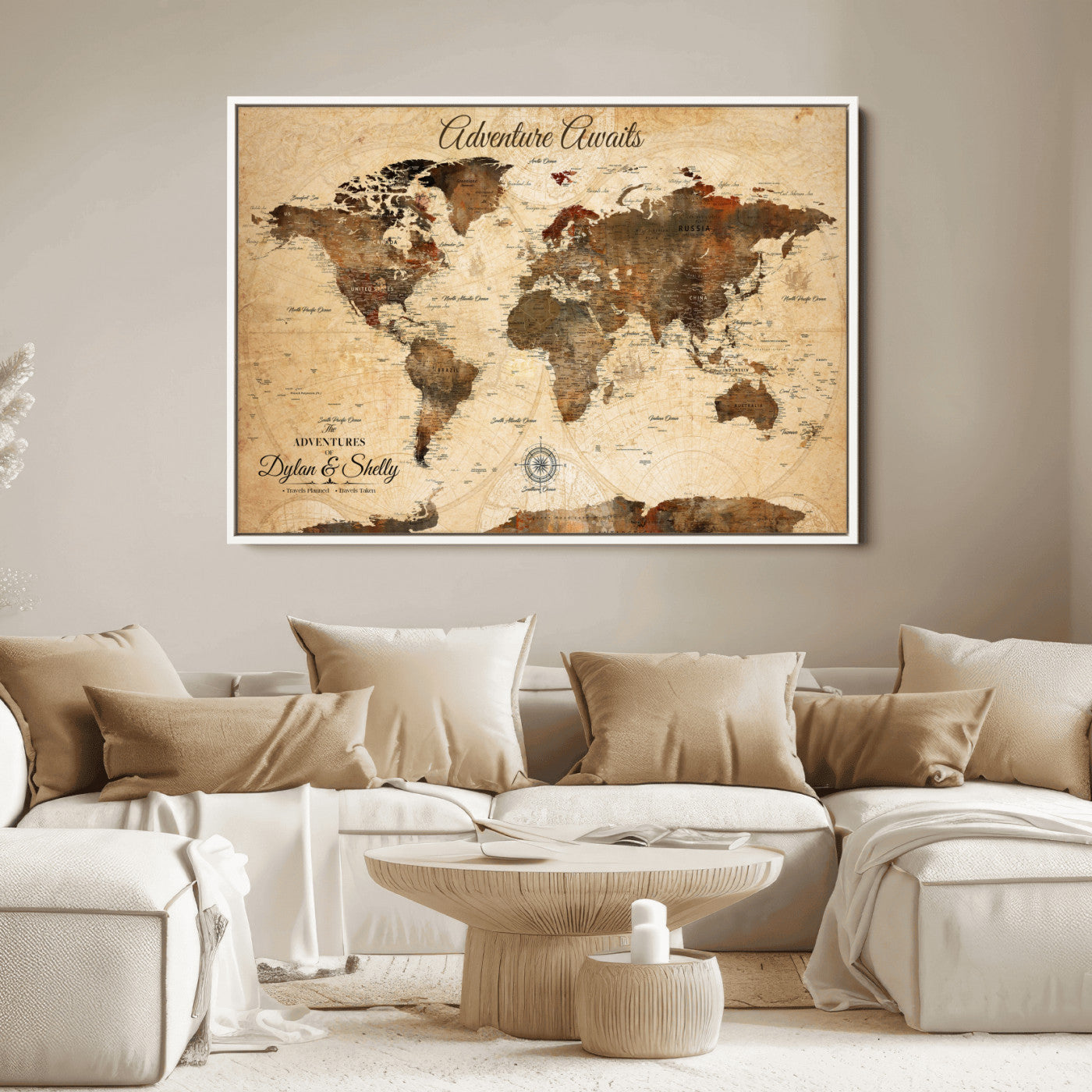 66357947-MGV-CV-36X24-Personalized World Map Print, Customizable Push Pin Framed World Map Print on Canvas - Custom Quote on Map Print