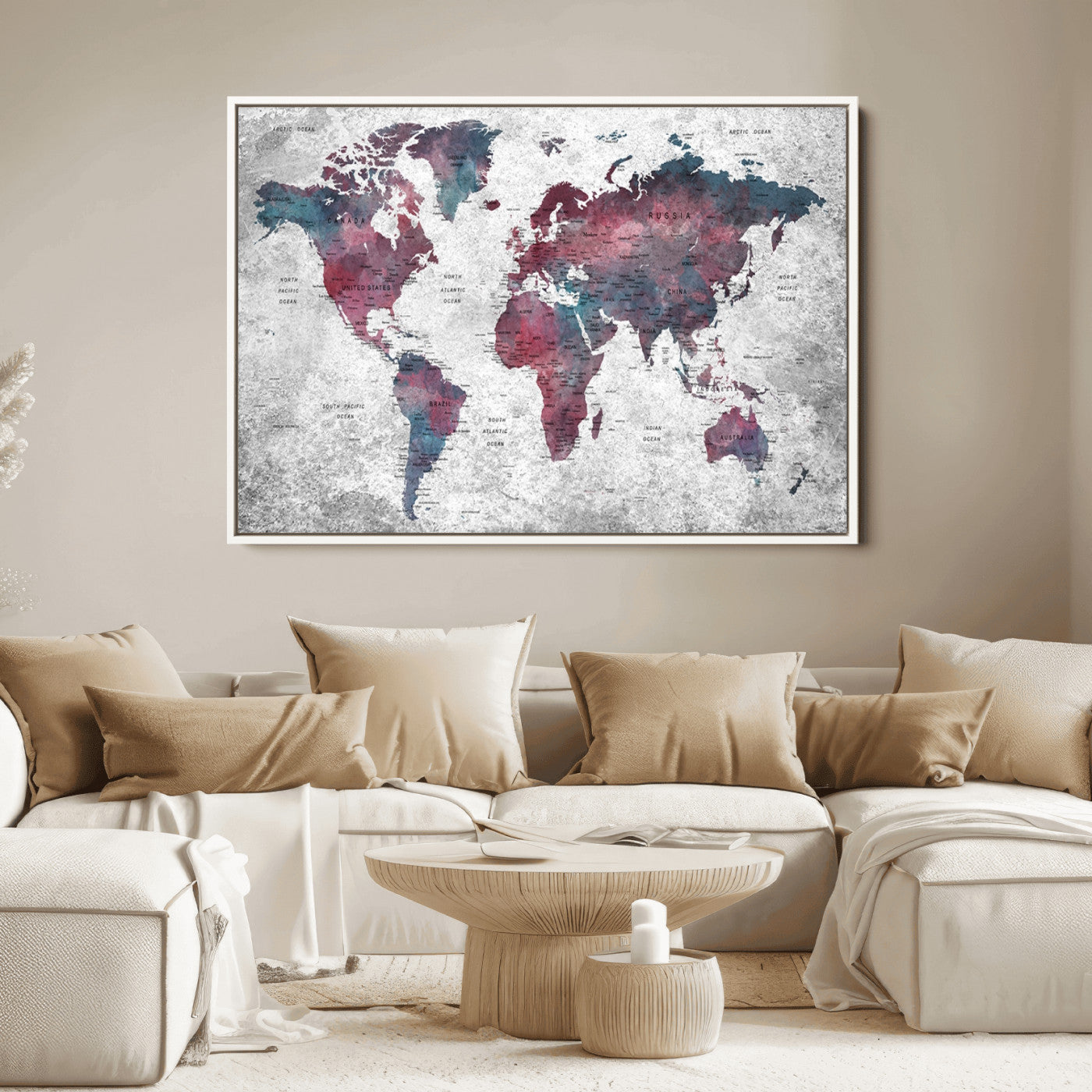 Push Pin World Map Canvas Print – Framed Wall Art for Couples to Track Their Travels – Anniversary Gift or Home Adventure Decor