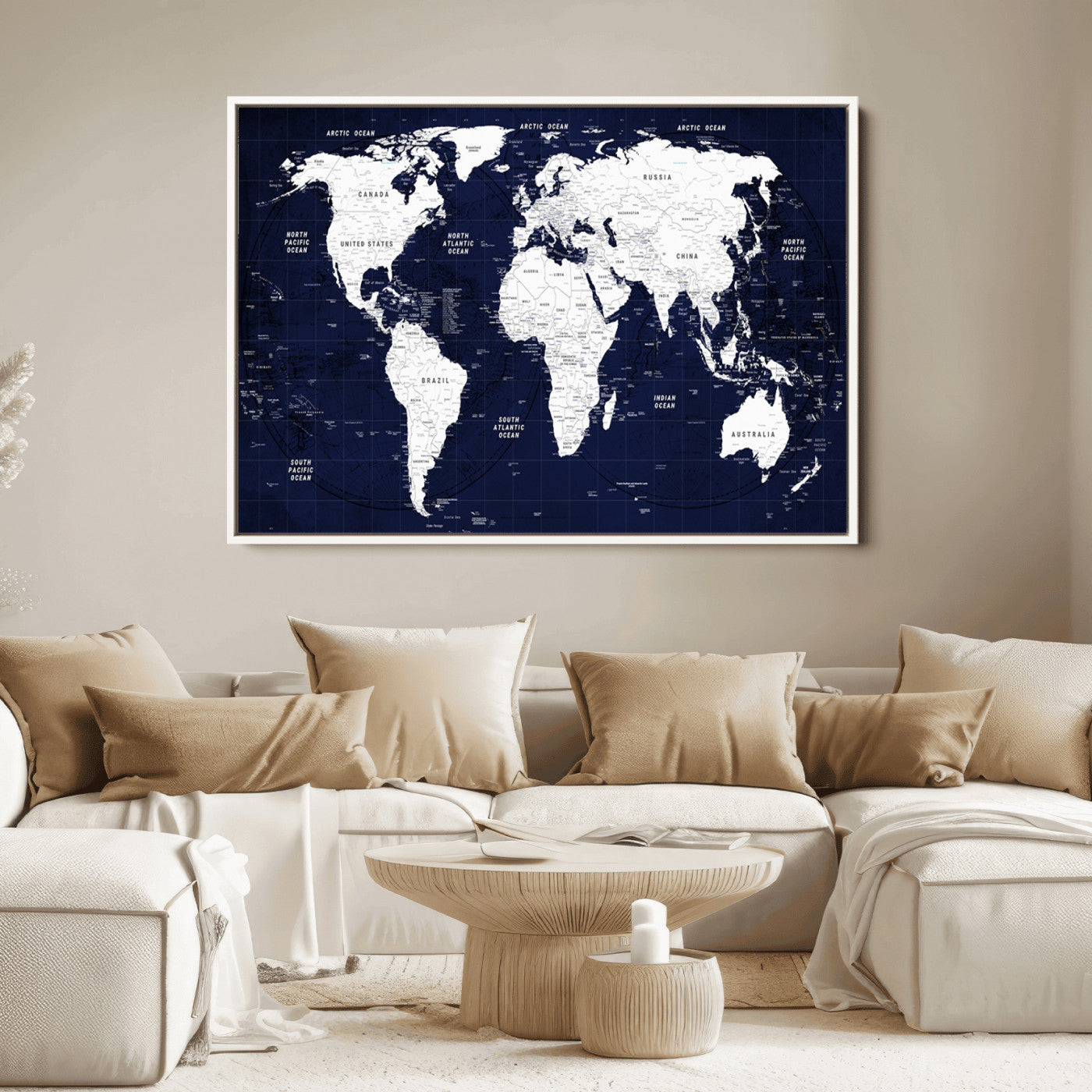 Push Pin World Map Canvas Print – Framed Wall Art for Couples to Track Their Travels – Anniversary Gift or Home Adventure Decor