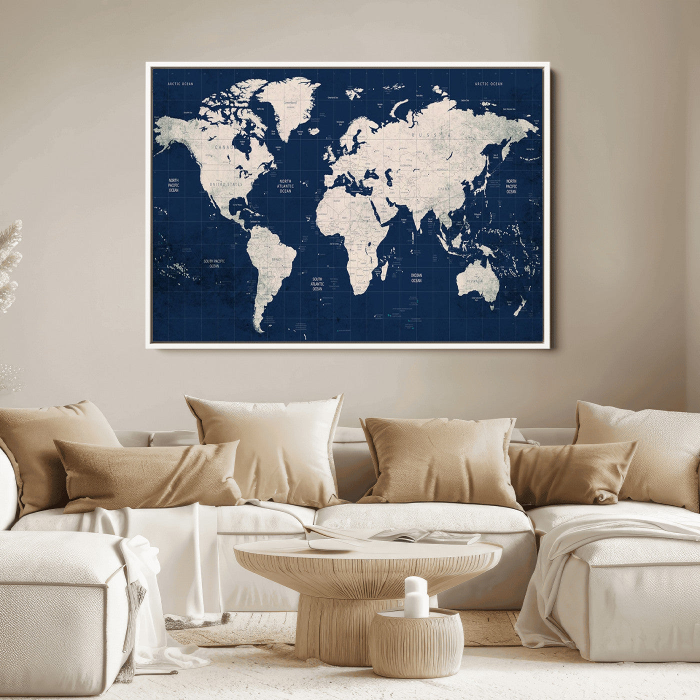 Push Pin World Map Canvas Print – Framed Wall Art for Couples to Track Their Travels – Anniversary Gift or Home Adventure Decor