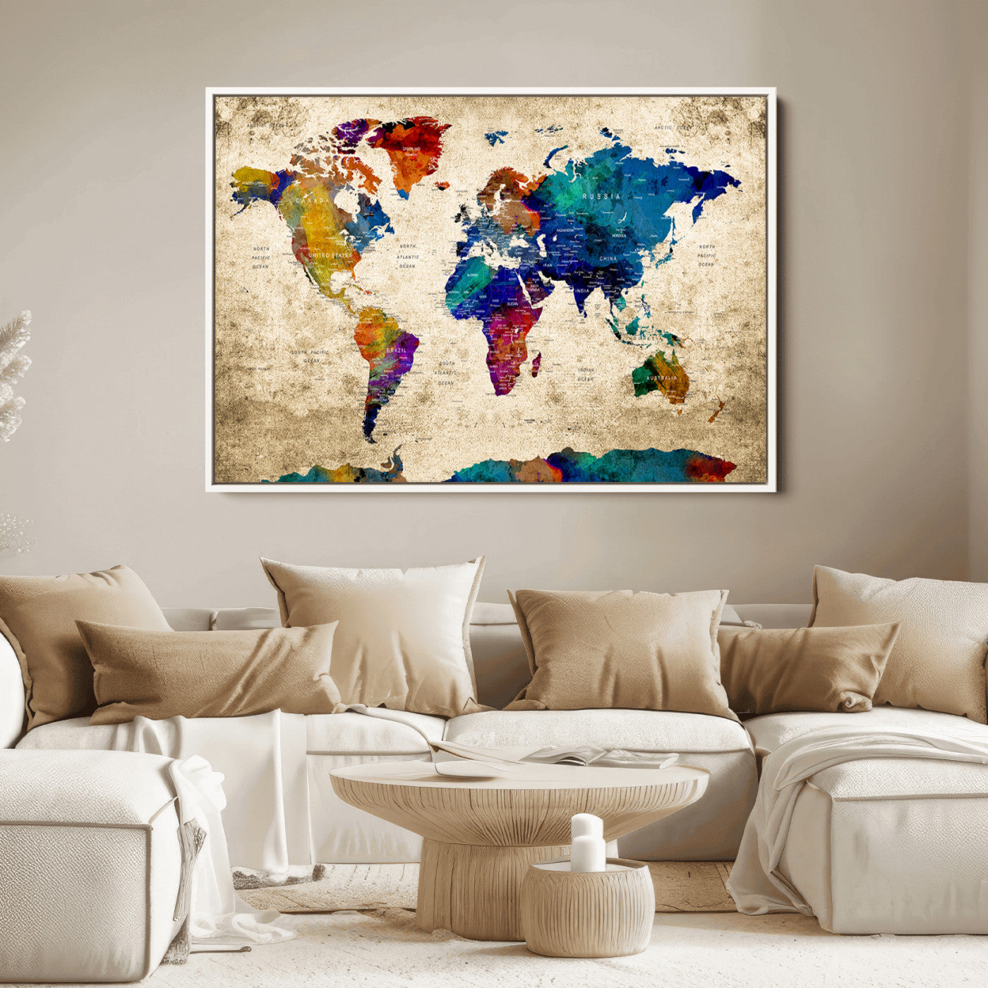 Push Pin World Map Canvas Print – Framed Wall Art for Couples to Track Their Travels – Anniversary Gift or Home Adventure Decor