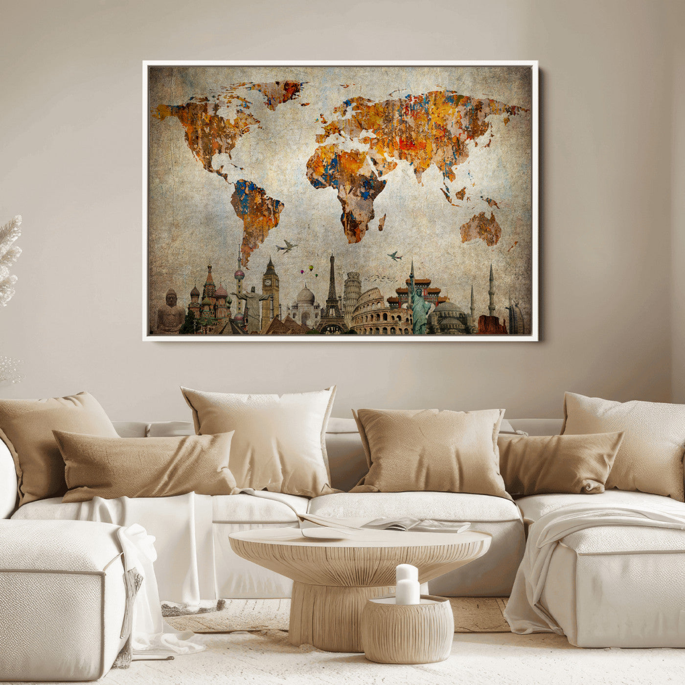 Push Pin World Map Canvas Print – Framed Wall Art for Couples to Track Their Travels – Anniversary Gift or Home Adventure Decor