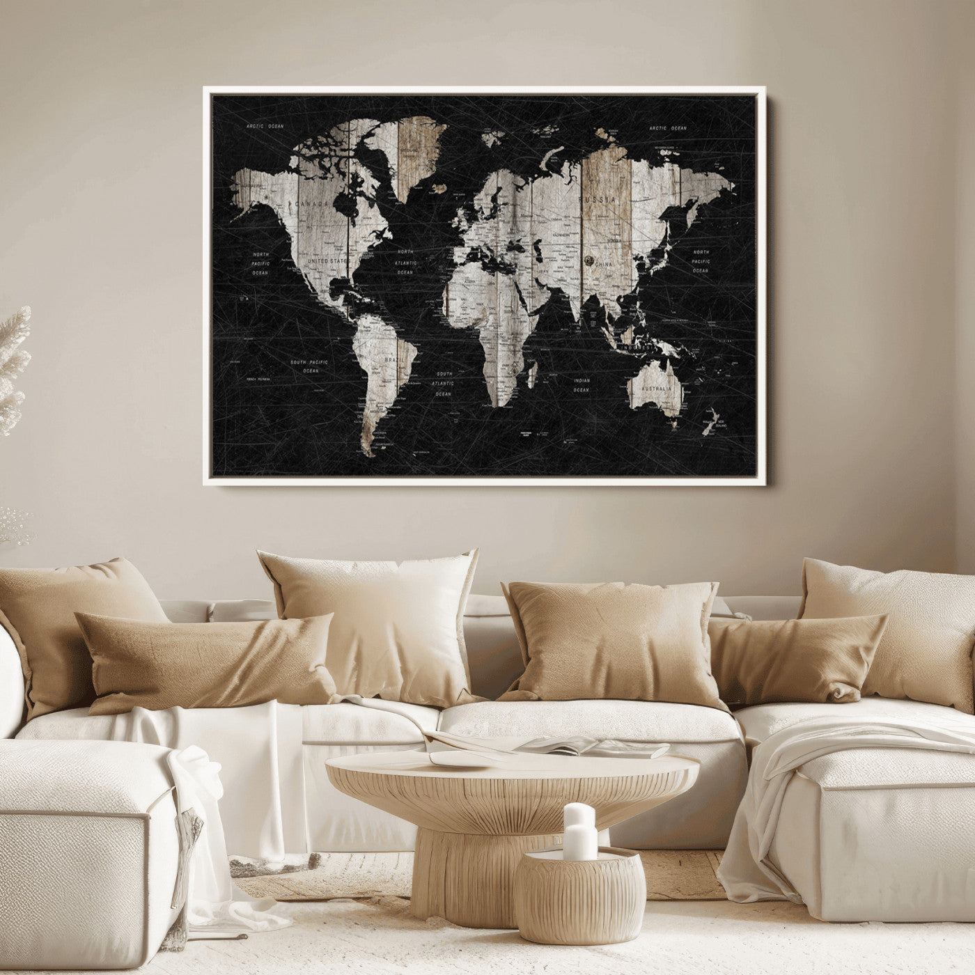 Push Pin World Map Canvas Print – Framed Wall Art for Couples to Track Their Travels – Anniversary Gift or Home Adventure Decor