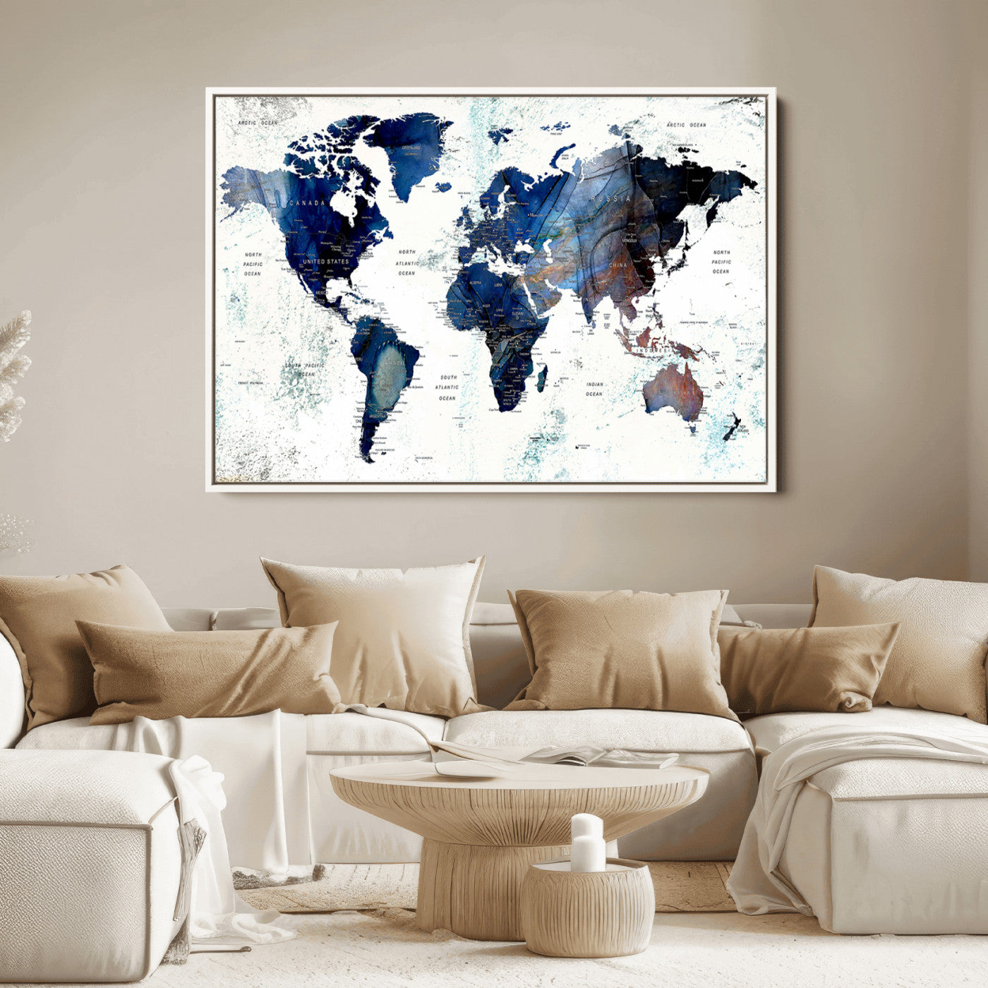 Push Pin World Map Canvas Print – Framed Wall Art for Couples to Track Their Travels – Anniversary Gift or Home Adventure Decor