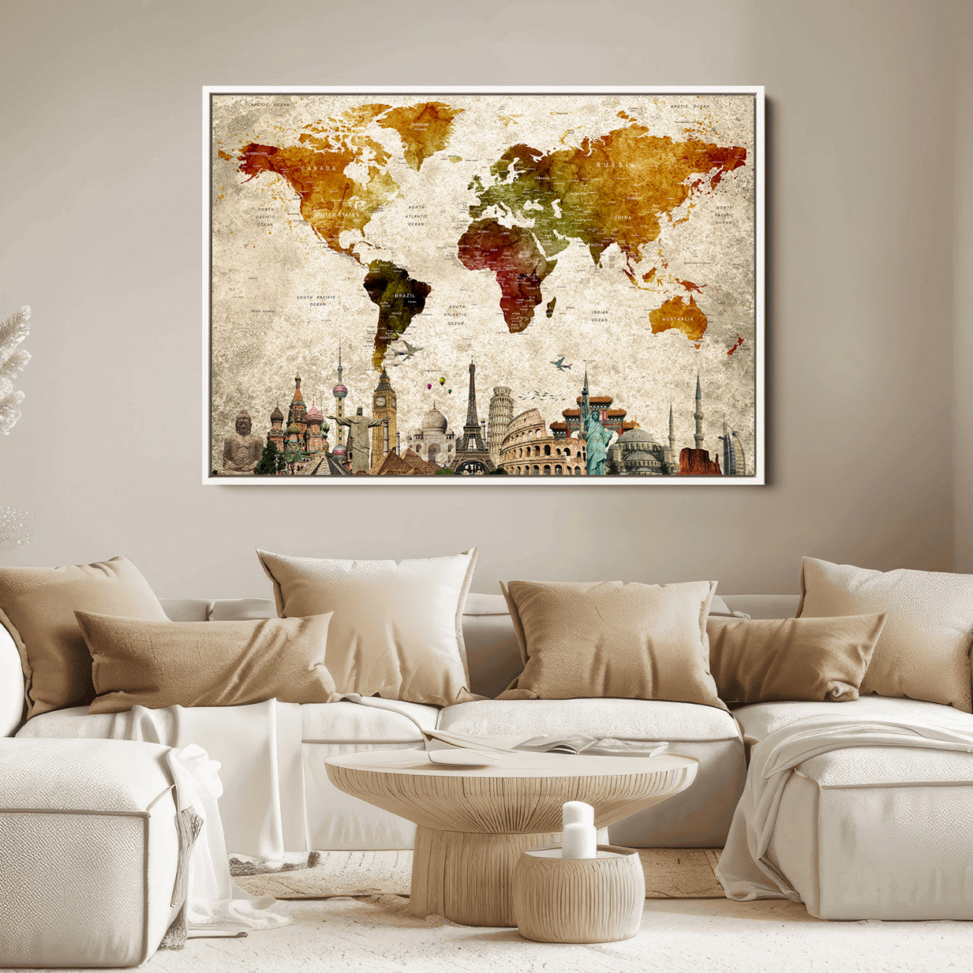 Push Pin World Map Canvas Print – Framed Wall Art for Couples to Track Their Travels – Anniversary Gift or Home Adventure Decor