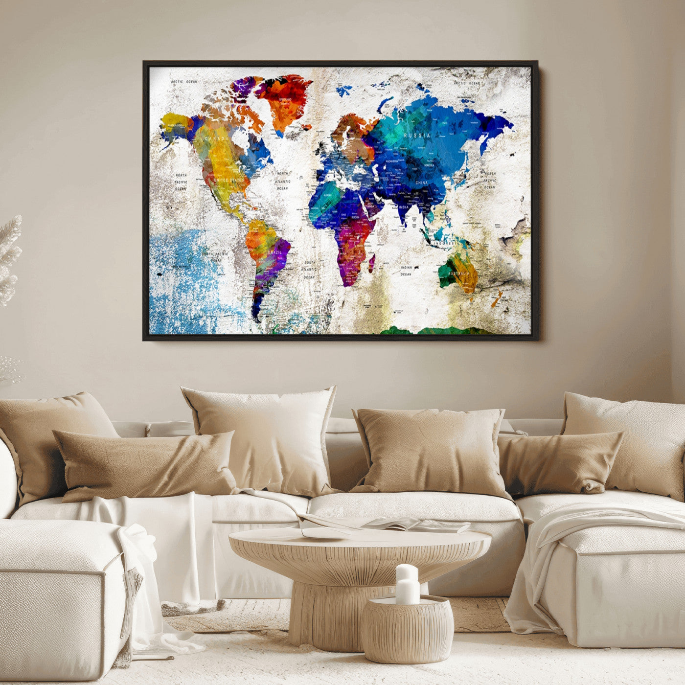 Push Pin World Map Canvas Print – Framed Wall Art for Couples to Track Their Travels – Anniversary Gift or Home Adventure Decor