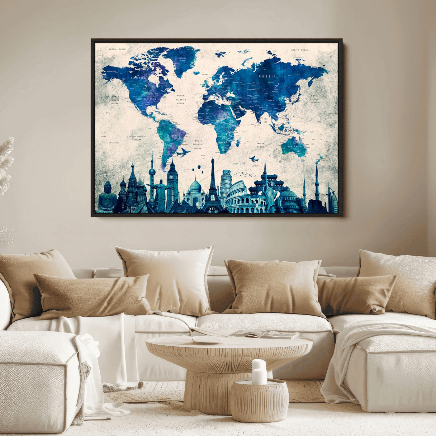 Navy Blue World Map Canvas Print, Wonder of World Map Push Pin Canvas Print