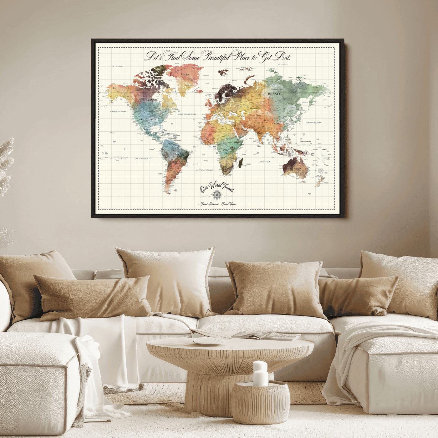 29289638-MGV-CV-36X24-Personalized World Map Print - Customizable Push Pin Framed World Map Print on Canvas - Custom Quote on Map Print