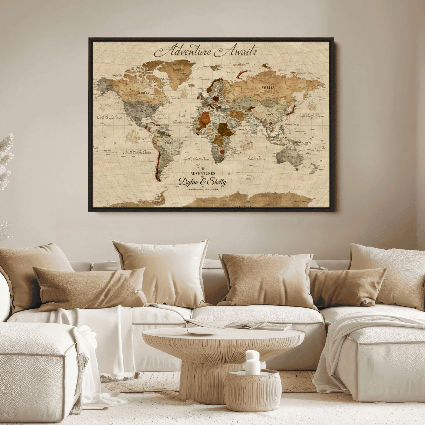 29054239-MGV-CV-36X24-Personalized World Map Print - Customizable Push Pin Framed World Map Print on Canvas - Custom Quote on Map Print