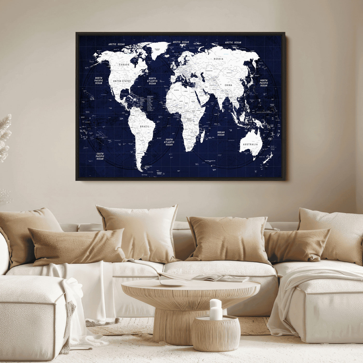 Push Pin World Map Canvas Print – Framed Wall Art for Couples to Track Their Travels – Anniversary Gift or Home Adventure Decor