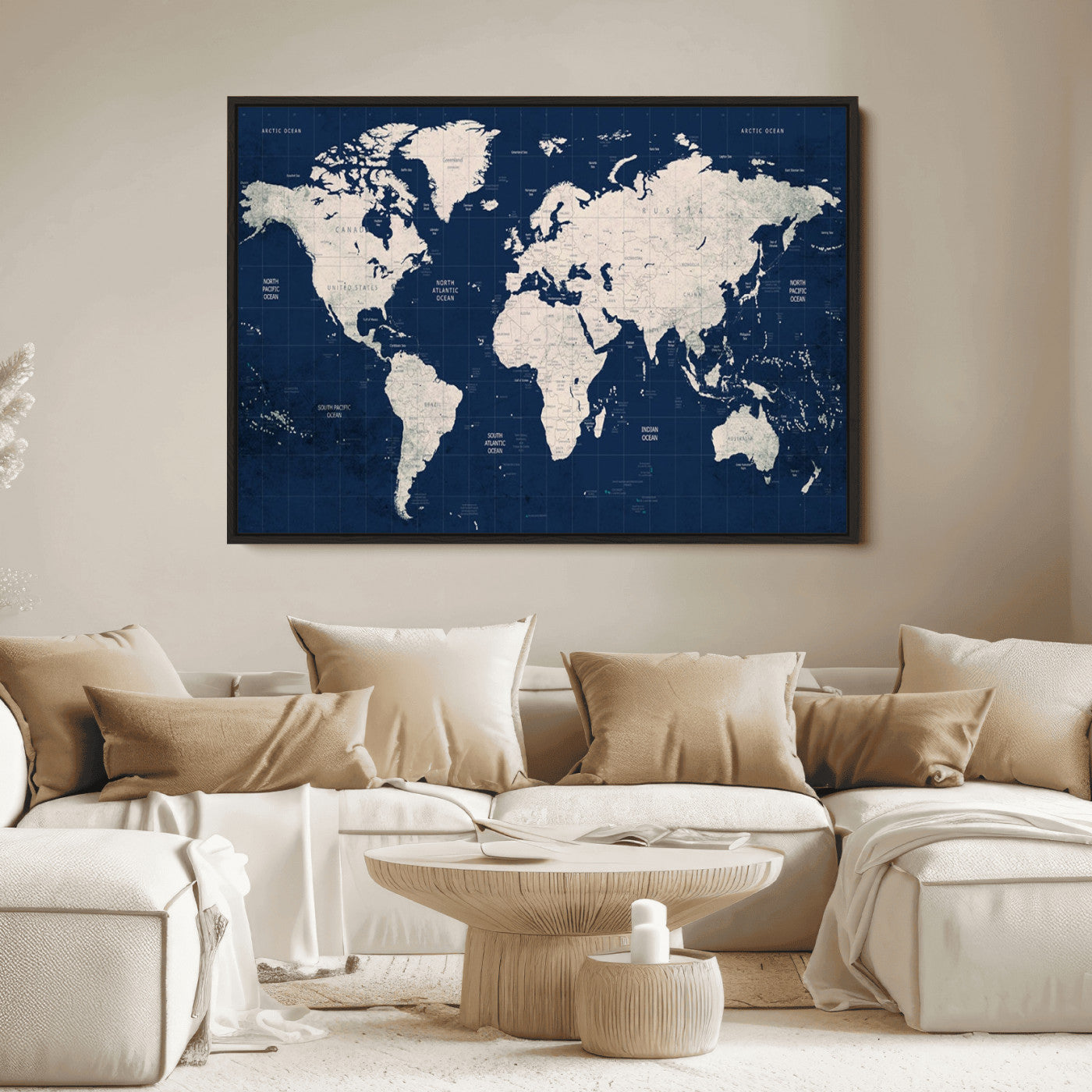 Push Pin World Map Canvas Print – Framed Wall Art for Couples to Track Their Travels – Anniversary Gift or Home Adventure Decor