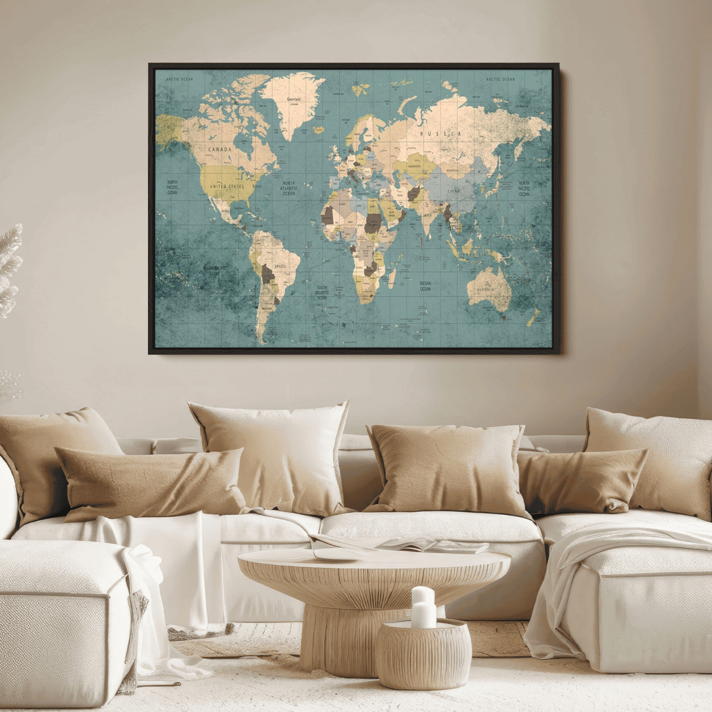 Classic World Map Wall Art Canvas Print, Framed Retro Map Art Picture Print, Vintage Atlas Perfect Rustic Explorer Decor Artwork