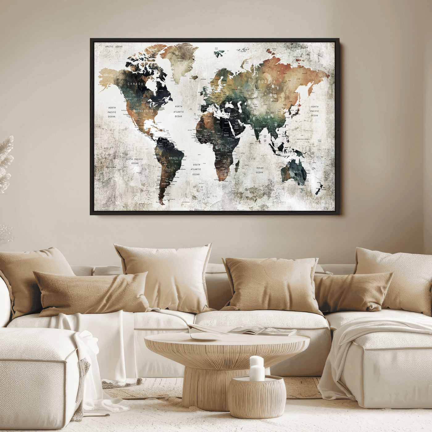Push Pin World Map Canvas Print – Framed Wall Art for Couples to Track Their Travels – Anniversary Gift or Home Adventure Decor