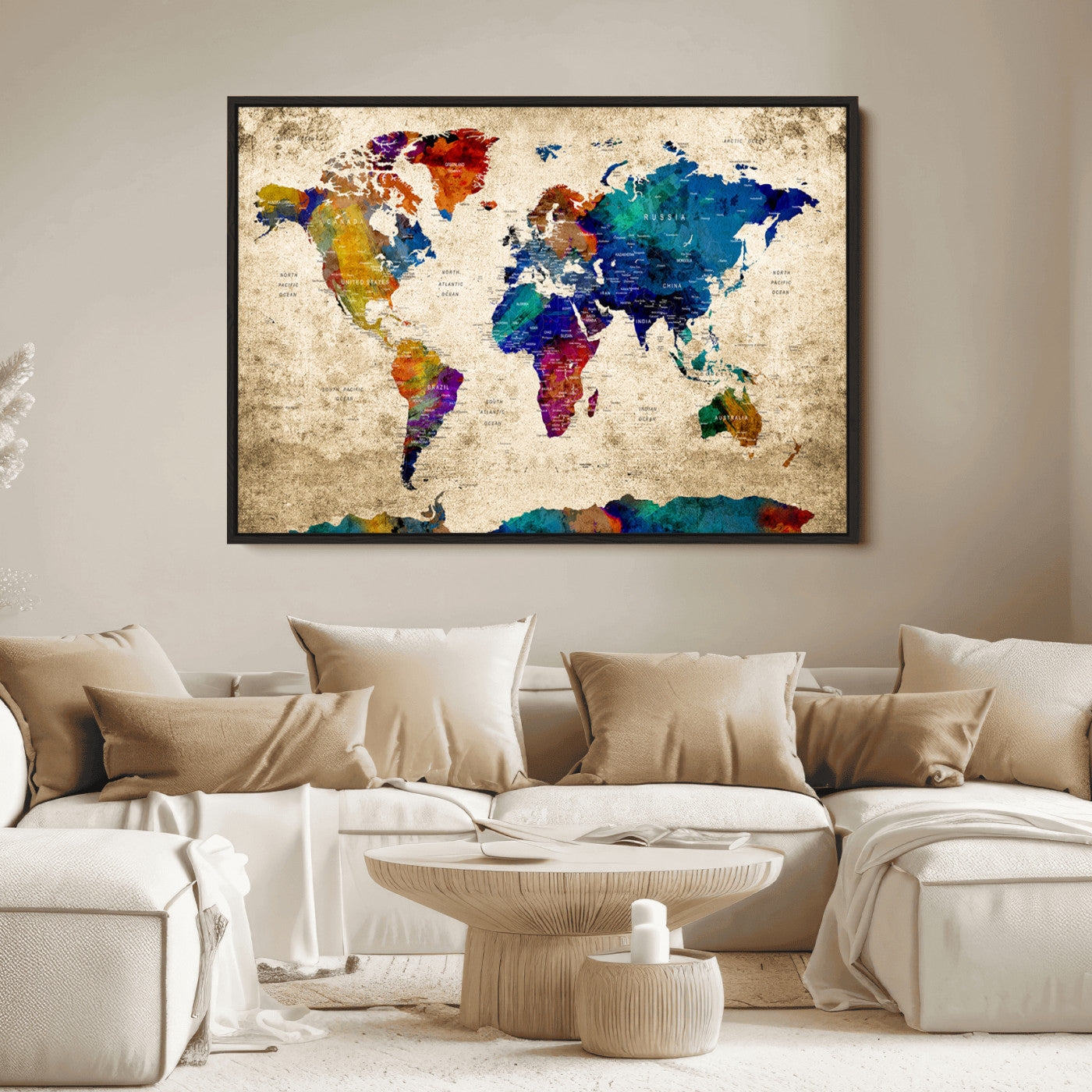 Push Pin World Map Canvas Print – Framed Wall Art for Couples to Track Their Travels – Anniversary Gift or Home Adventure Decor
