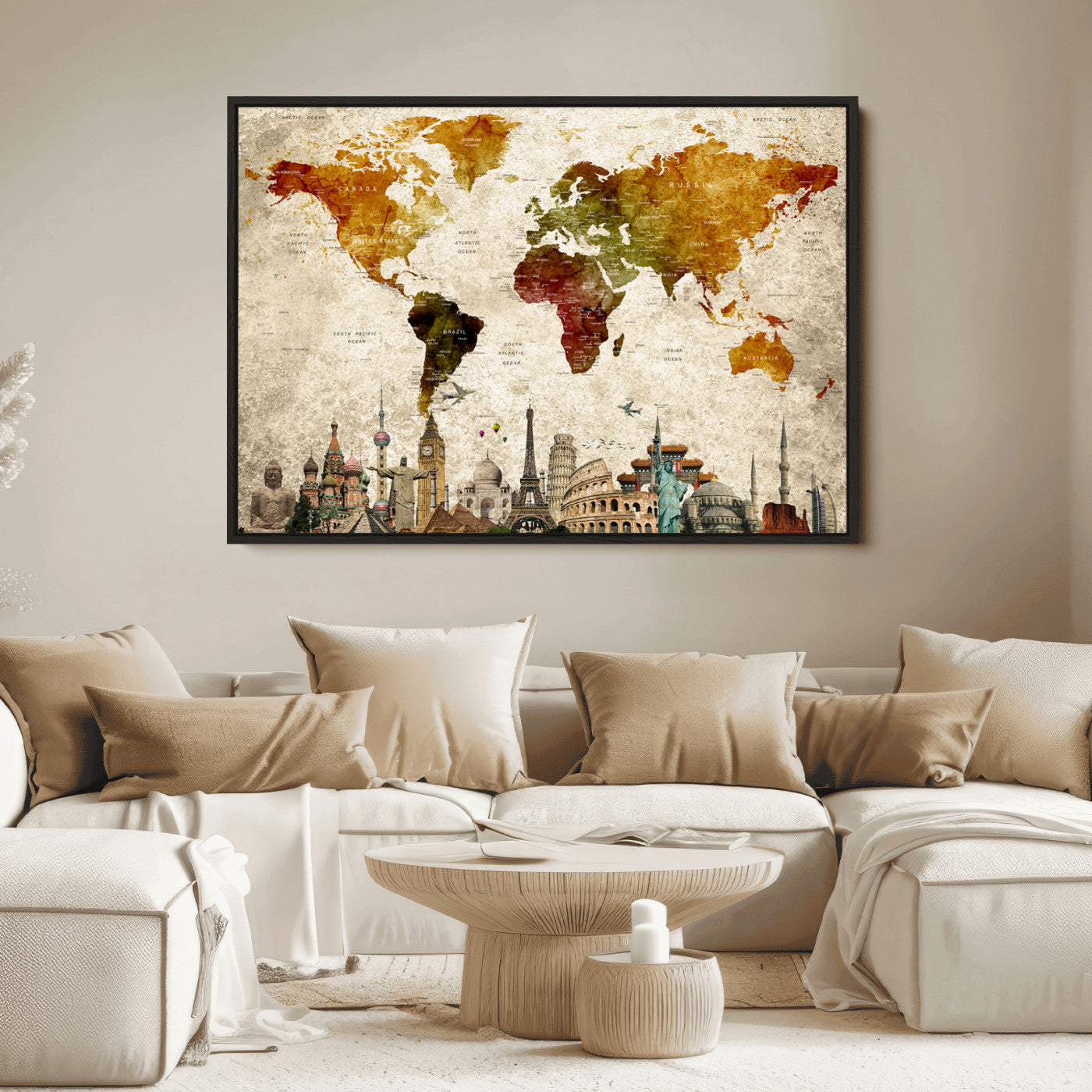Push Pin World Map Canvas Print – Framed Wall Art for Couples to Track Their Travels – Anniversary Gift or Home Adventure Decor