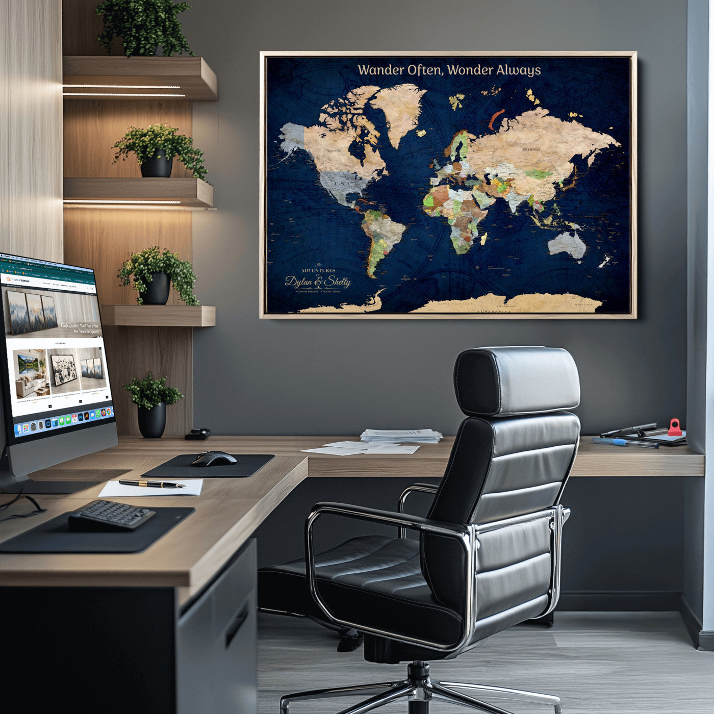 12399561-MGV-CV-30X20-Personalized World Map Print, Customizable Push Pin Framed World Map Print on Canvas - Custom Quote on Map Print
