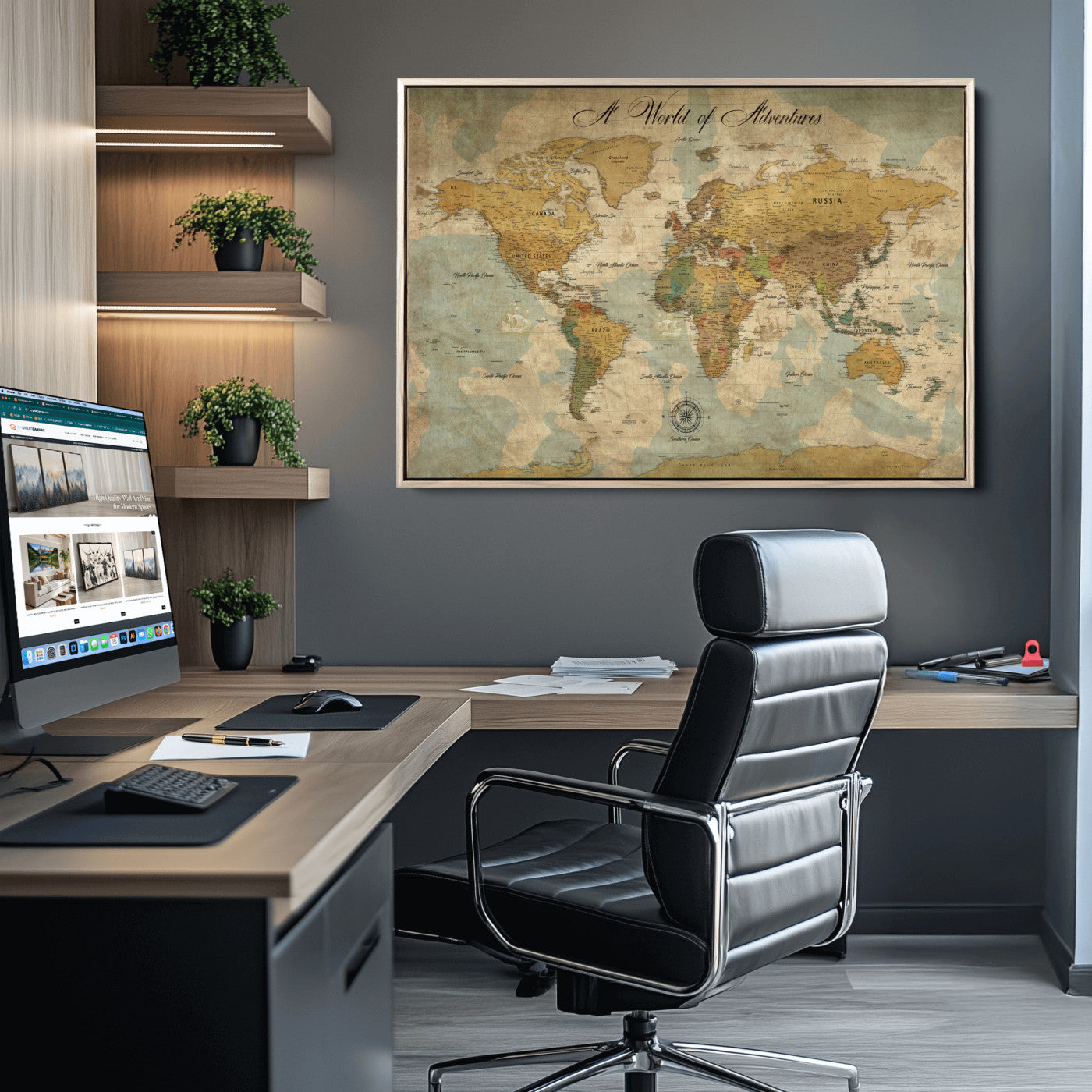 75690627-MGV-CV-36X24-Personalized World Map Print, Customizable Push Pin Framed World Map Print on Canvas - Custom Quote on Map Print,
