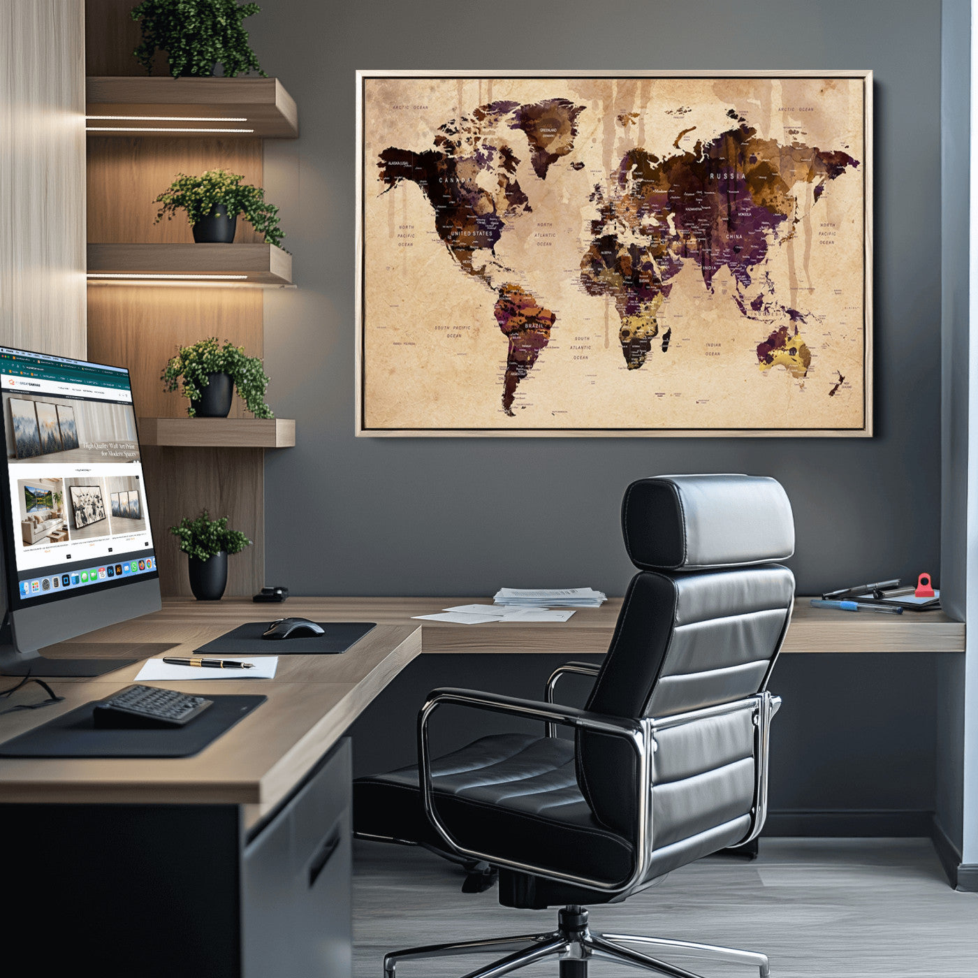 Push Pin World Map Canvas Print – Framed Wall Art for Couples to Track Their Travels – Anniversary Gift or Home Adventure Decor
