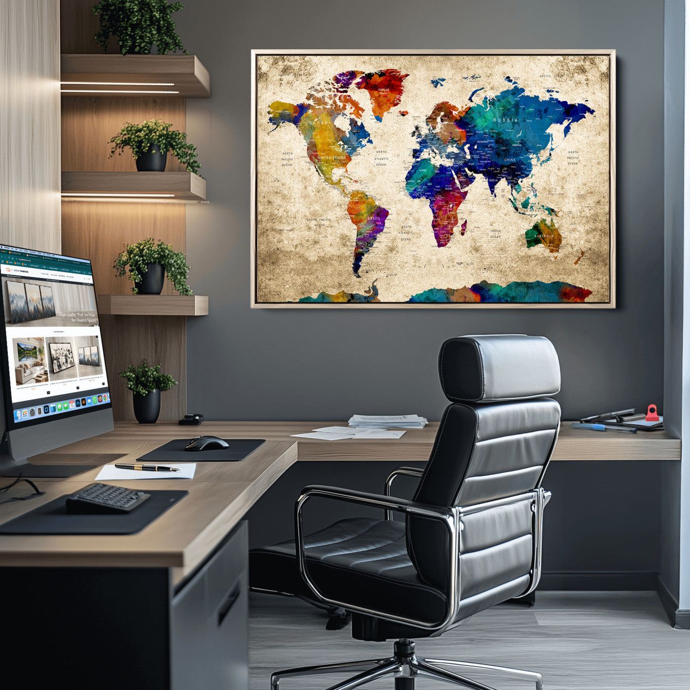 Push Pin World Map Canvas Print – Framed Wall Art for Couples to Track Their Travels – Anniversary Gift or Home Adventure Decor