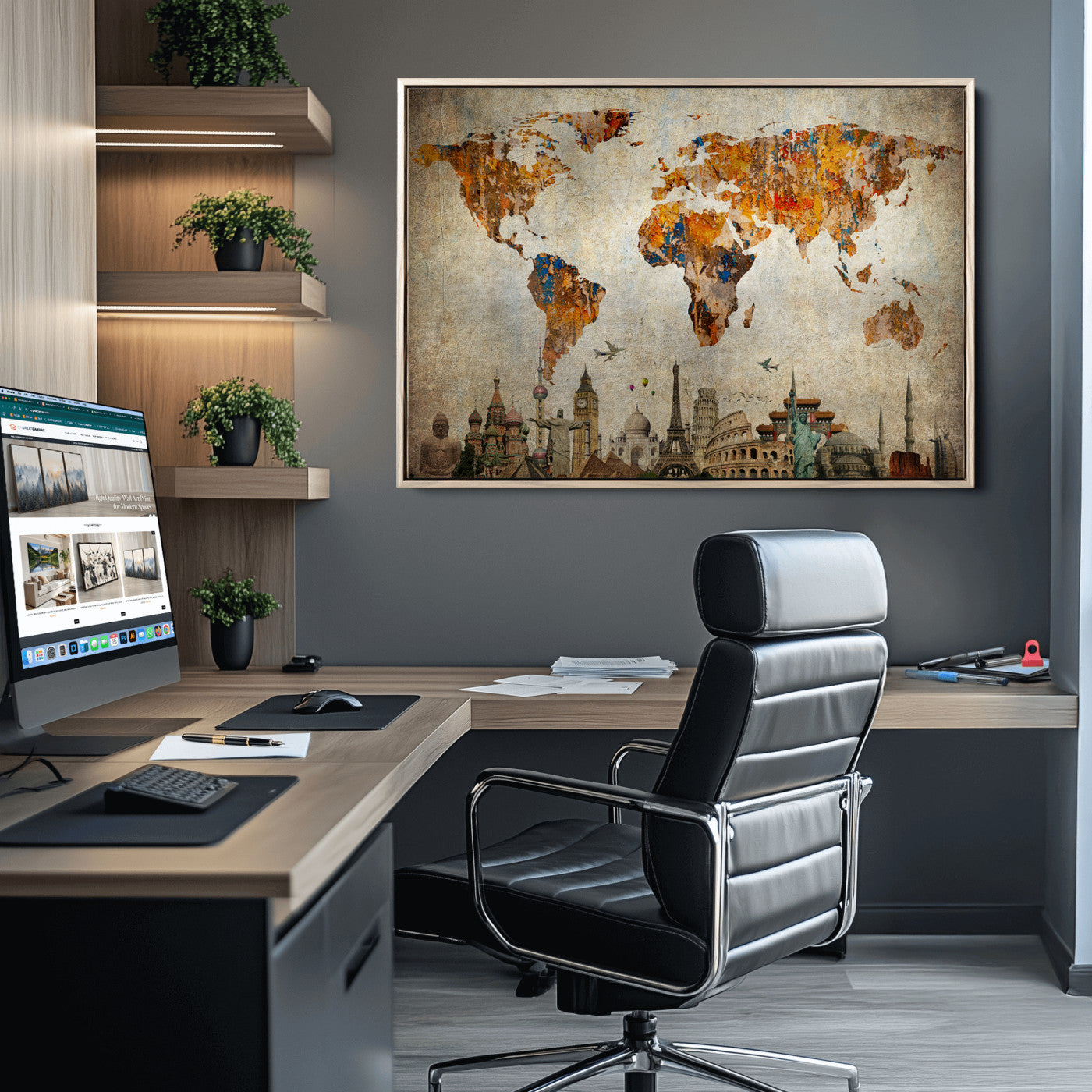 Push Pin World Map Canvas Print – Framed Wall Art for Couples to Track Their Travels – Anniversary Gift or Home Adventure Decor